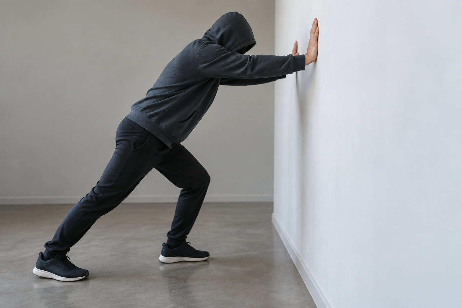 Une personne en survêtement sombre pousse contre un mur blanc, les pieds écartés dans une pièce vide.