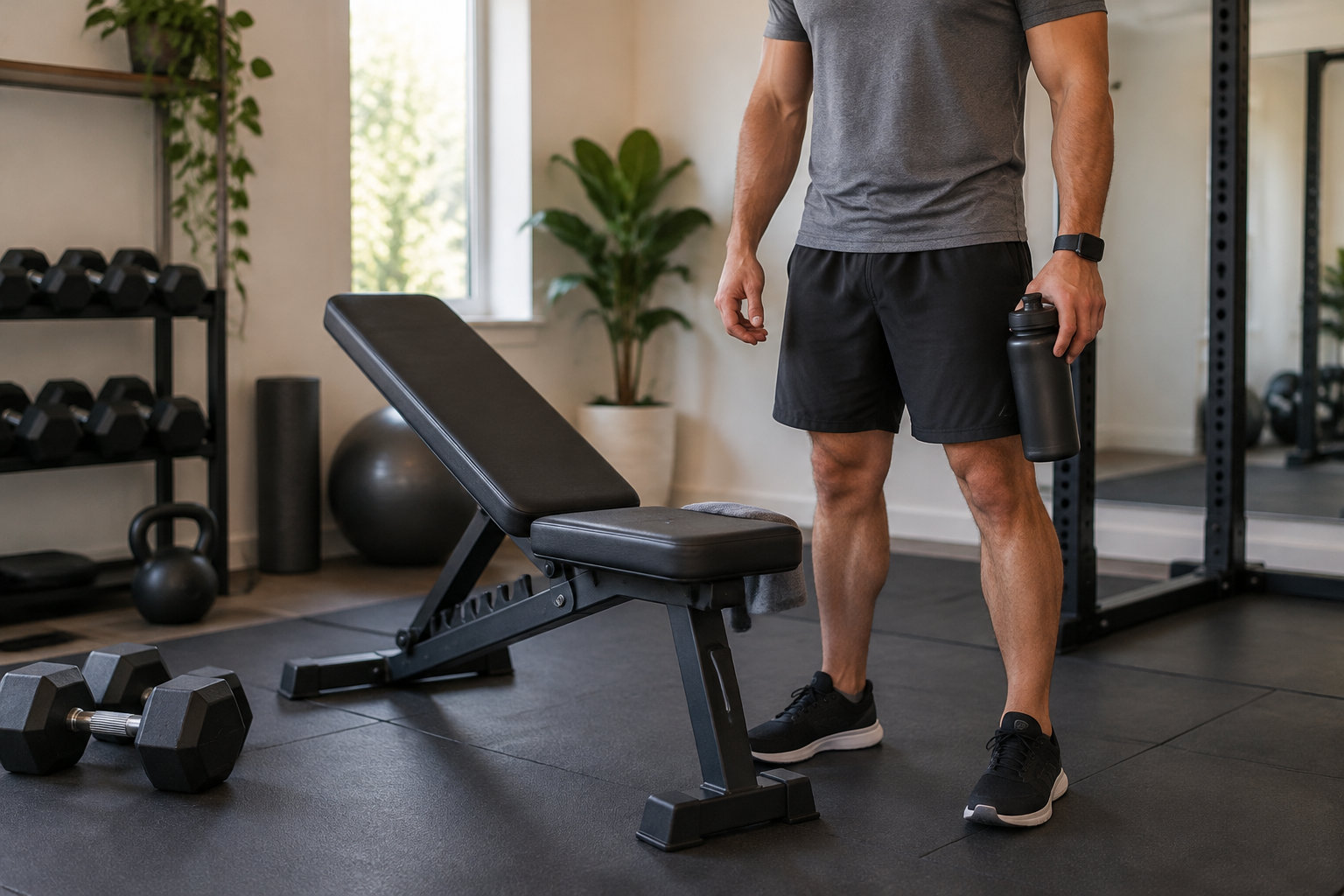 Un homme en tenue de sport tient une gourde près d’un banc de musculation, dans une salle équipée d’haltères et de kettlebells.