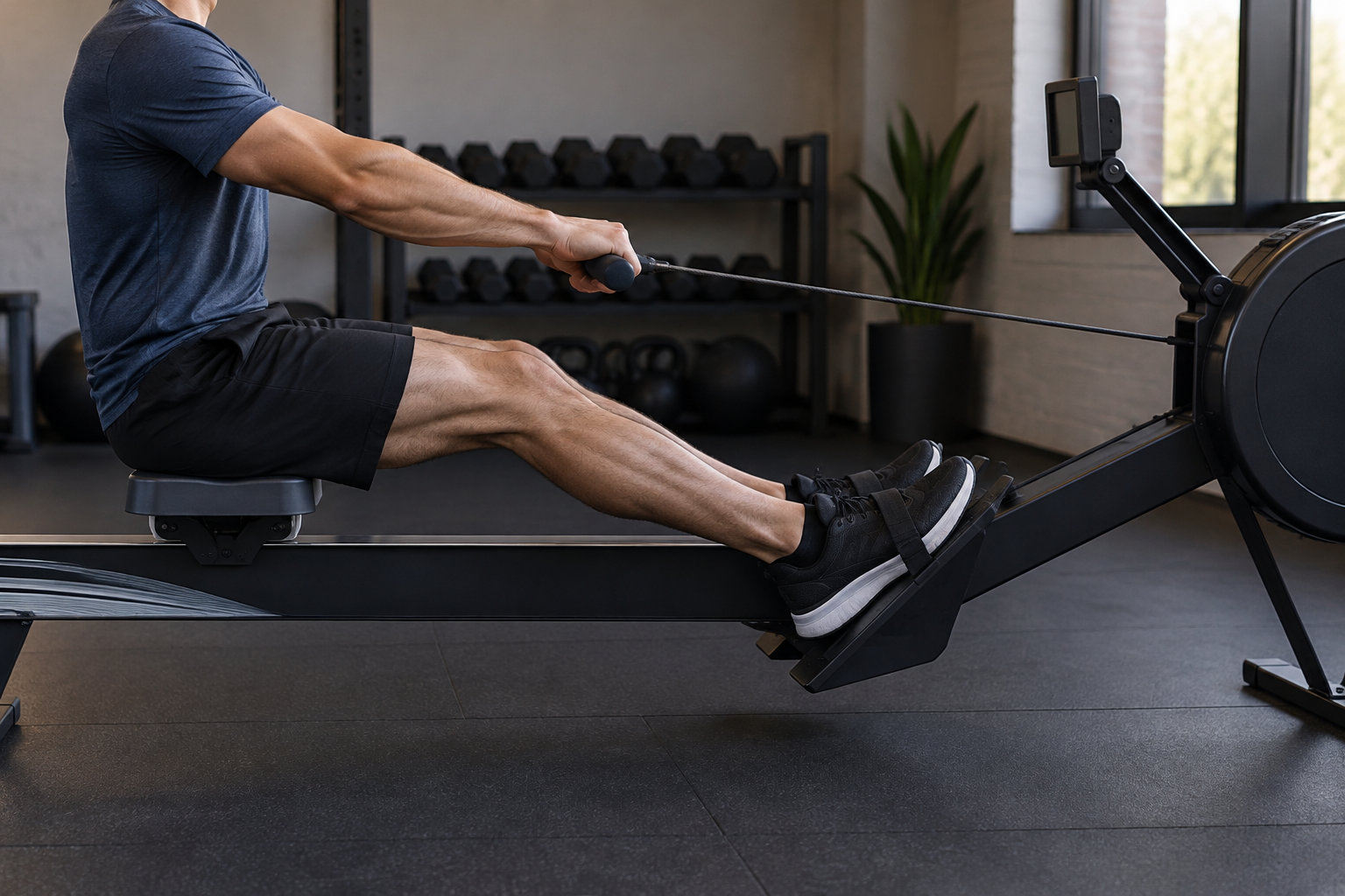 Un homme assis sur un rameur tire la poignée, les jambes tendues et les pieds attachés aux repose-pieds, dans une salle de sport.