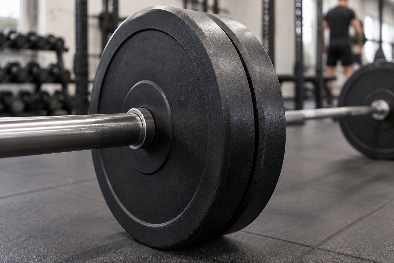Une barre d’haltérophilie chargée de disques noirs repose au sol dans une salle de sport, avec une personne floue en arrière-plan.