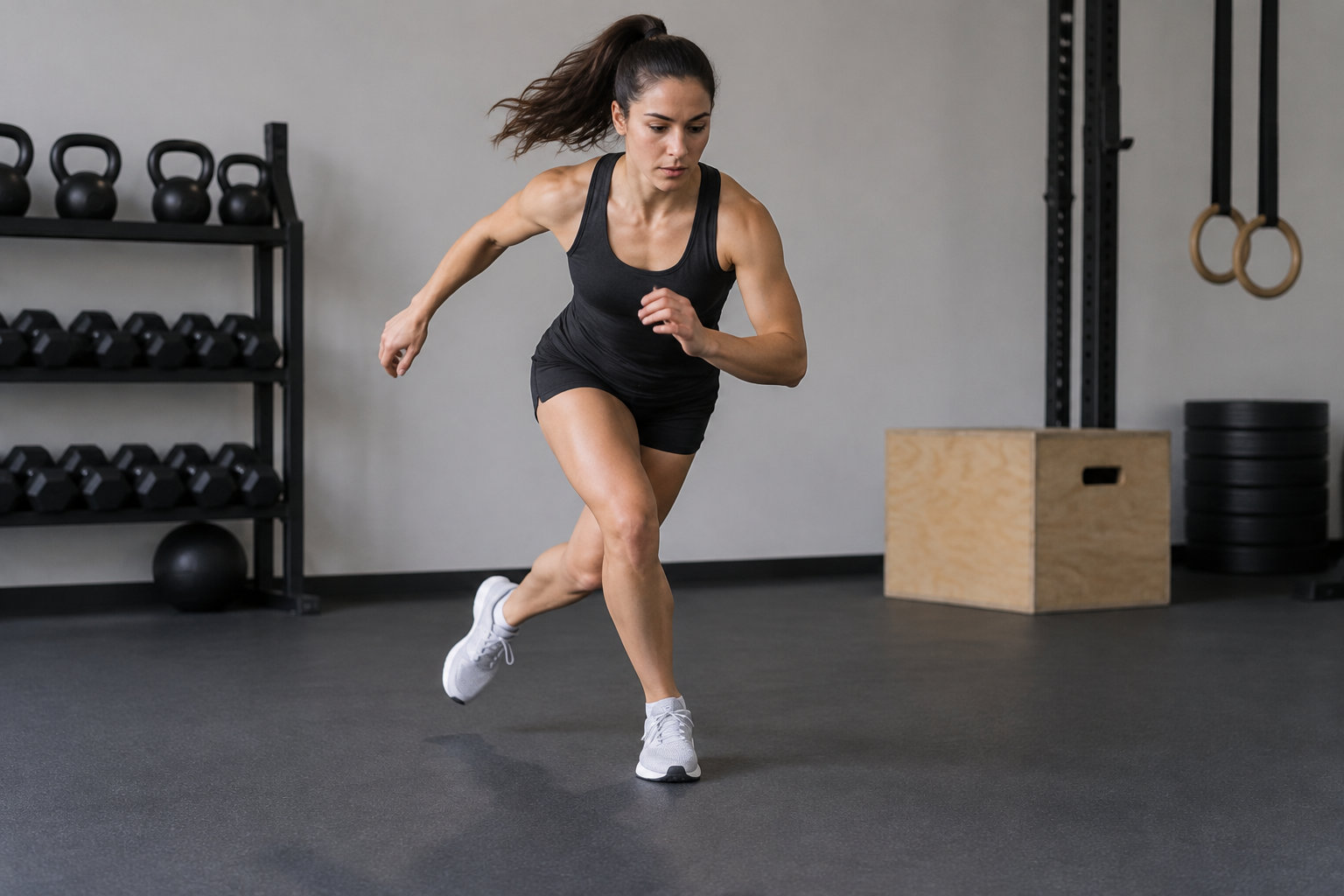 Une femme en tenue de sport effectue un exercice de course dans une salle de sport équipée d’haltères, d’anneaux et de poids.