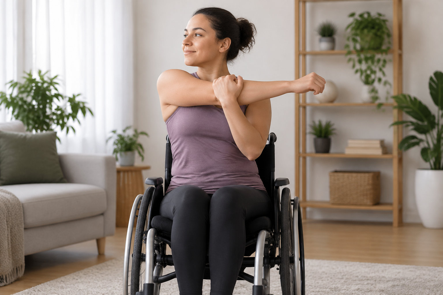 Une femme assise dans un fauteuil roulant étire un bras devant elle en le tirant contre sa poitrine, dans un salon lumineux.