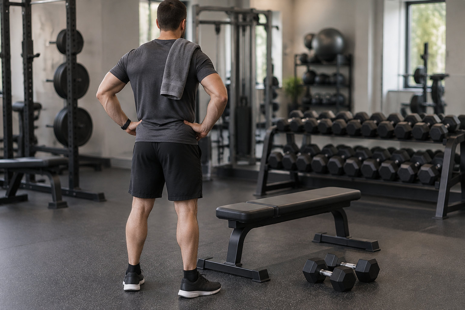 Un homme debout, vu de dos, observe des haltères dans une salle de sport, une serviette posée sur son épaule.