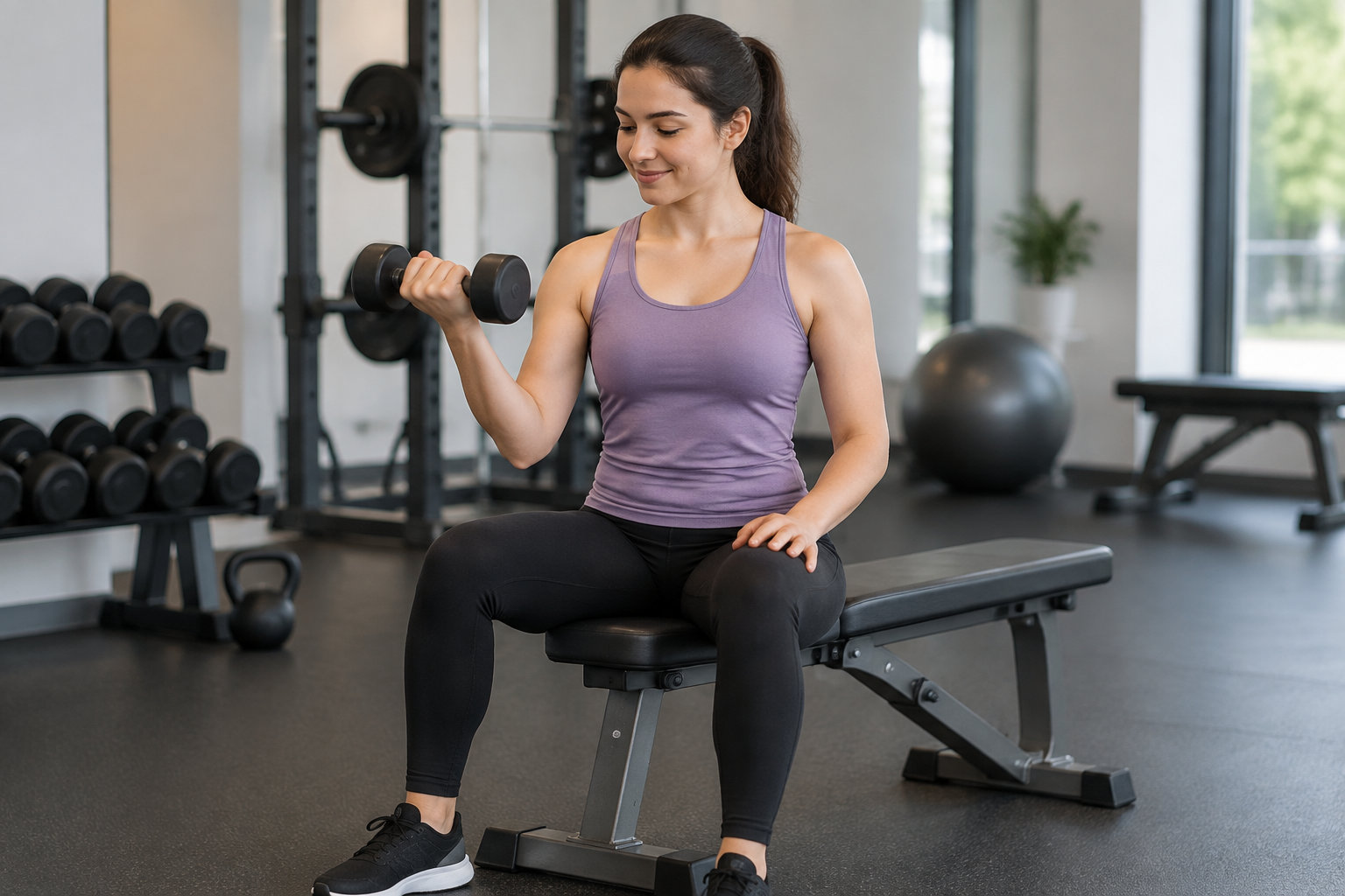 Une femme assise sur un banc de musculation fait un curl avec un haltère dans une salle de sport.