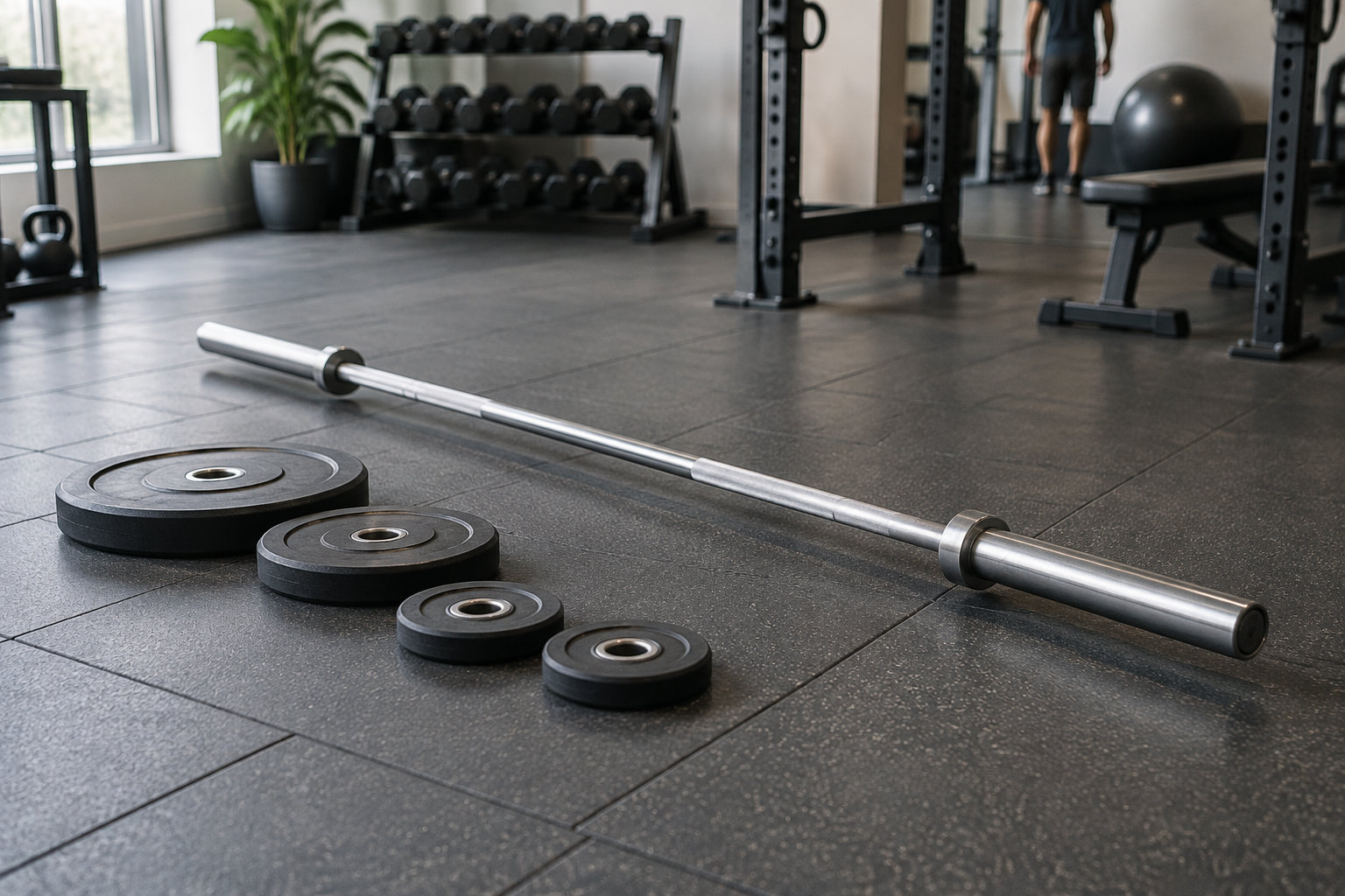Une barre d’haltérophilie et plusieurs disques sont posés au sol dans une salle de sport équipée d’haltères et de bancs.