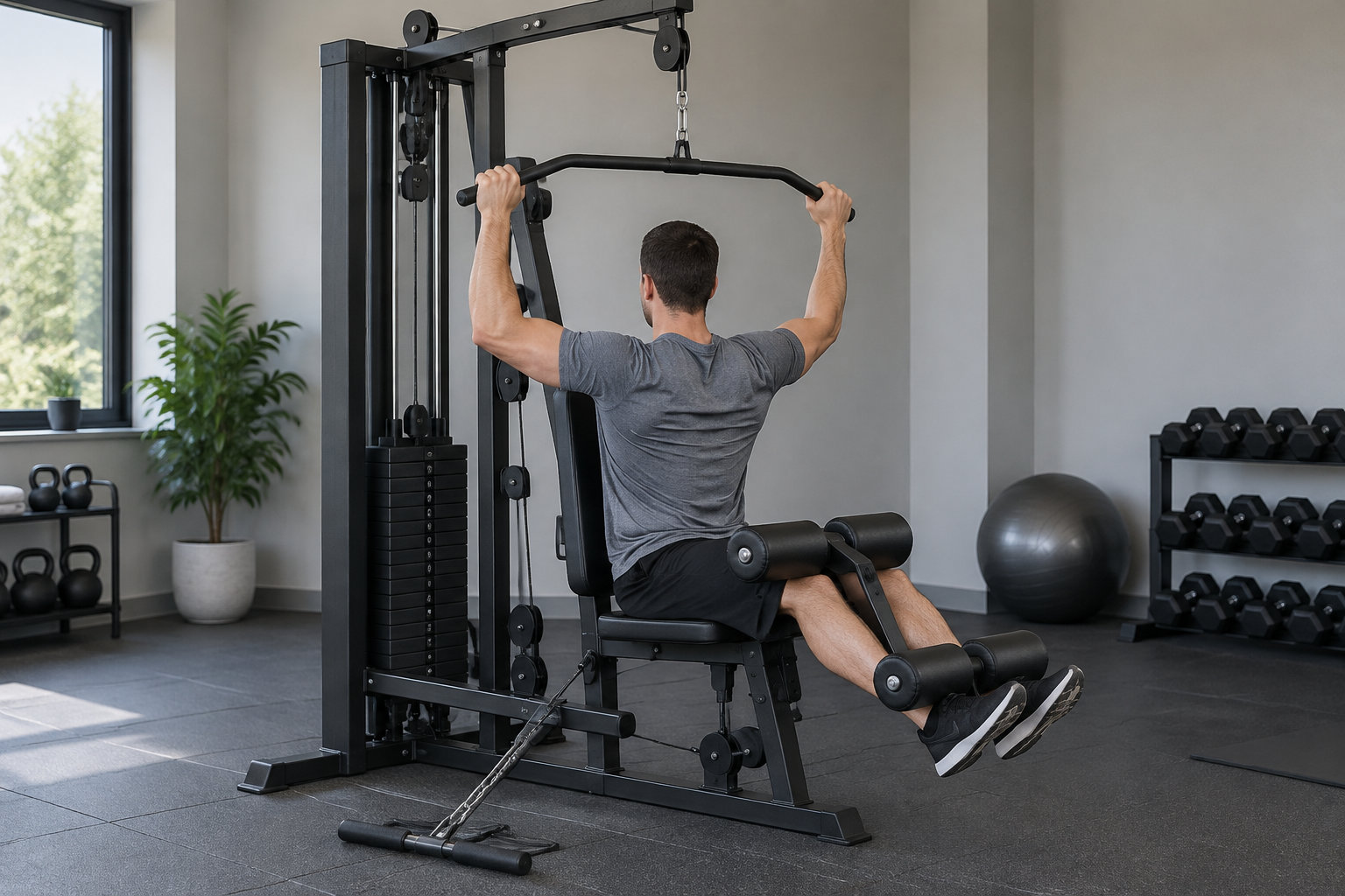 Un homme assis sur une machine de musculation tire une barre au-dessus de sa tête dans une salle de sport équipée d’haltères, de kettlebells et d’un ballon d’exercice.