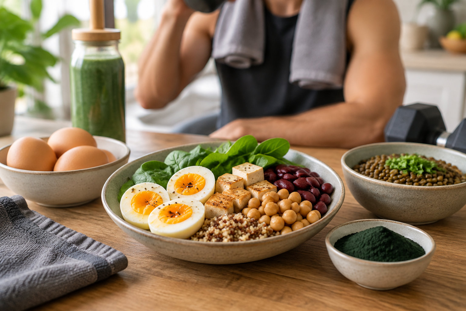 Un bol garni d’épinards, d’œufs durs, de tofu, de haricots, de pois chiches et de quinoa est posé sur une table devant une personne en tenue de sport, avec d’autres aliments et un haltère à proximité.