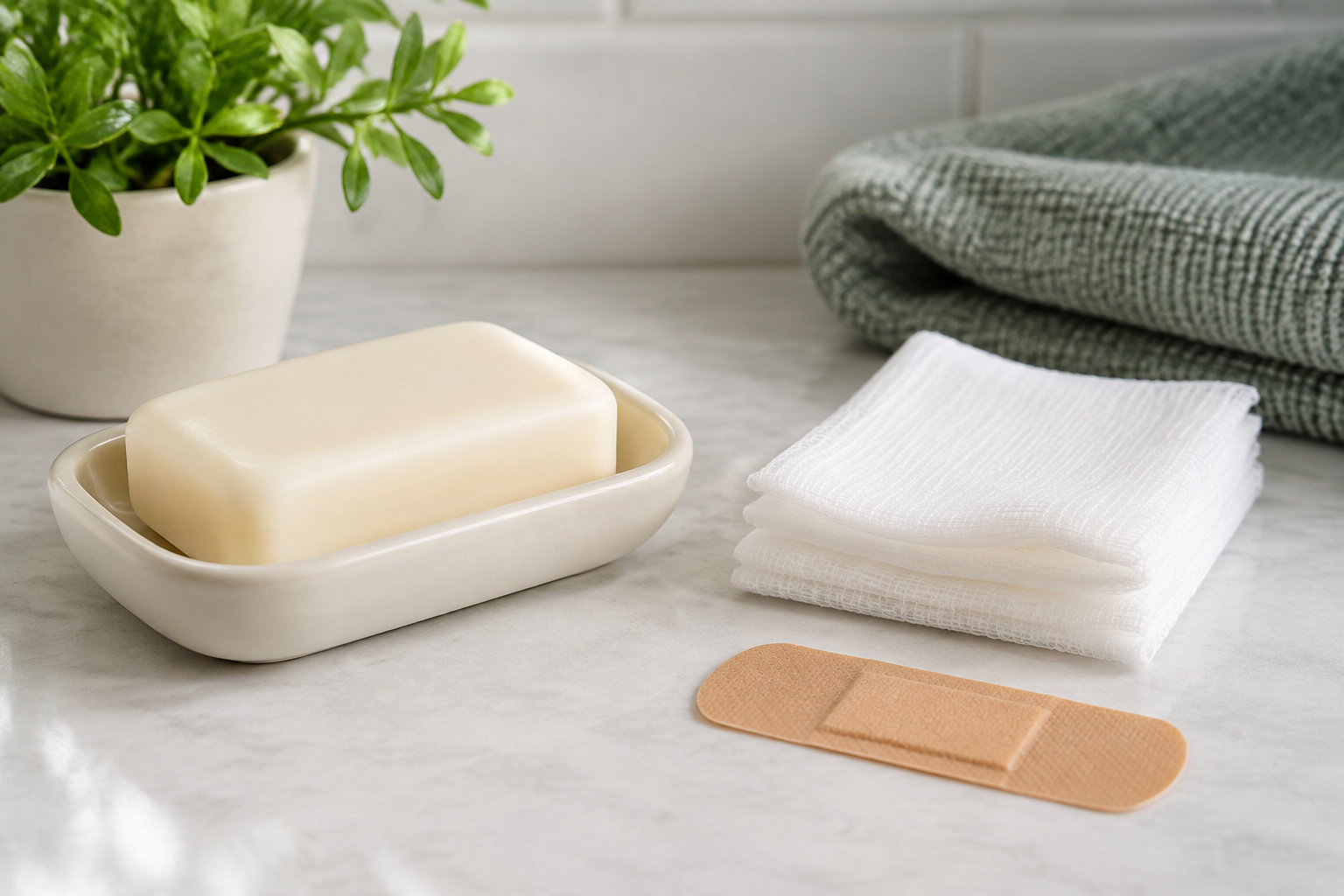 Un pain de savon dans un porte-savon, des linges blancs pliés et un pansement sont posés sur un comptoir près d’une plante et d’une serviette roulée.