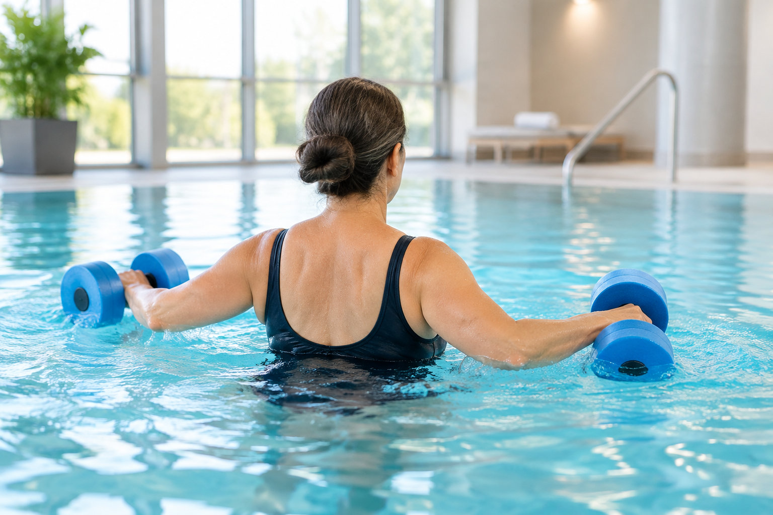 Une femme en maillot noir fait des exercices dans une piscine avec des haltères flottants bleus.