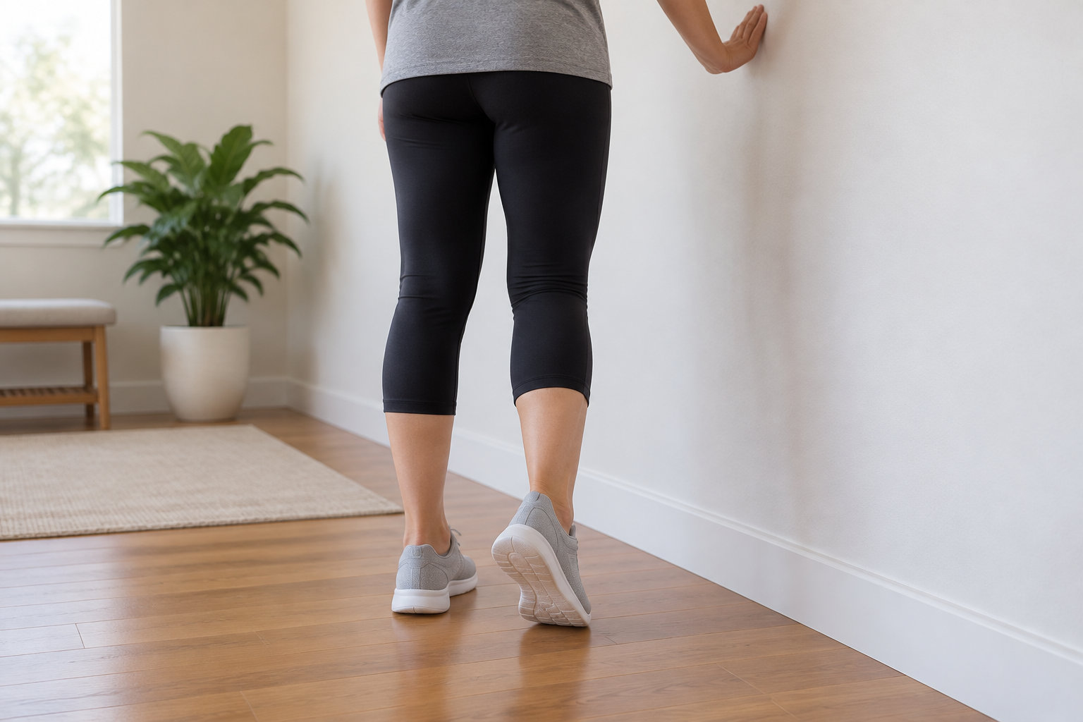 Une personne en tenue de sport marche en s’appuyant d’une main contre un mur, dans une pièce au sol en bois avec une plante, une fenêtre et un banc.