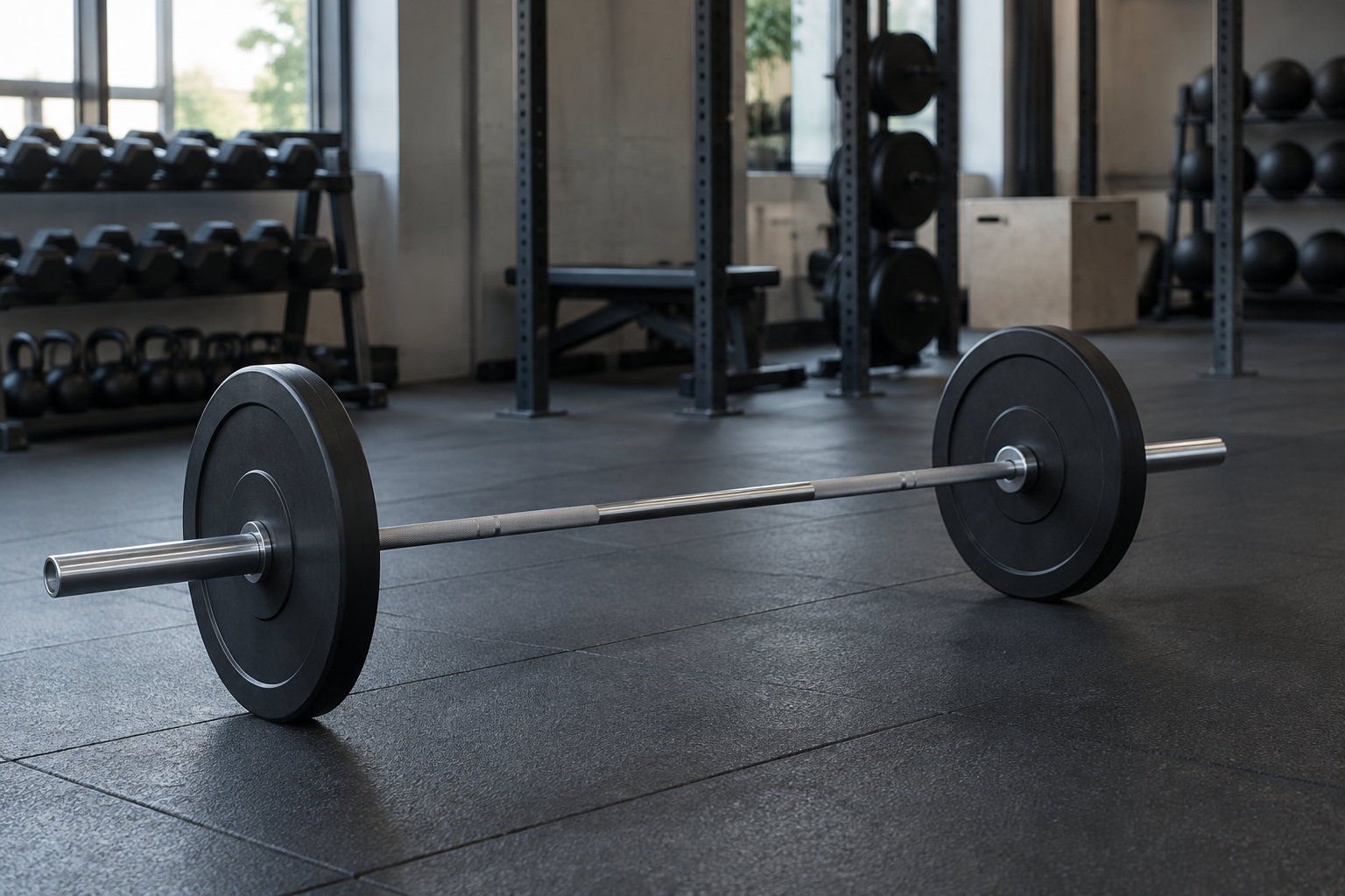 Une barre d’haltérophilie chargée de disques repose sur le sol d’une salle de sport équipée de supports, d’haltères et de kettlebells.
