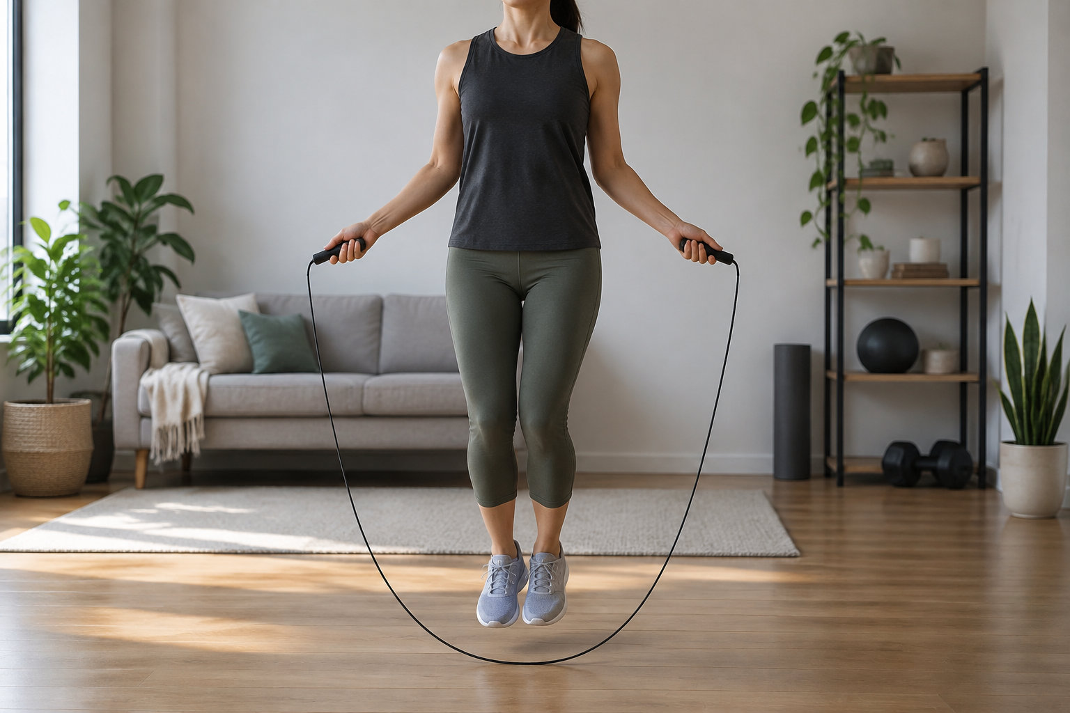 Une femme saute à la corde dans un salon aménagé avec un canapé, des plantes et du matériel de sport.