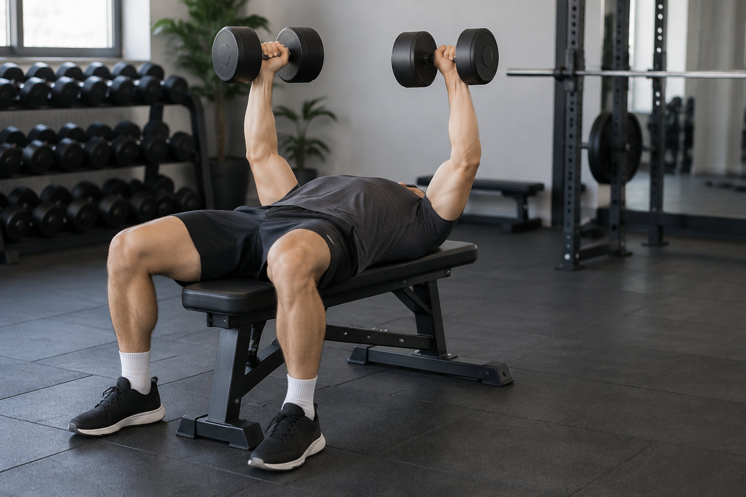 Un homme allongé sur un banc de musculation soulève deux haltères dans une salle de sport.