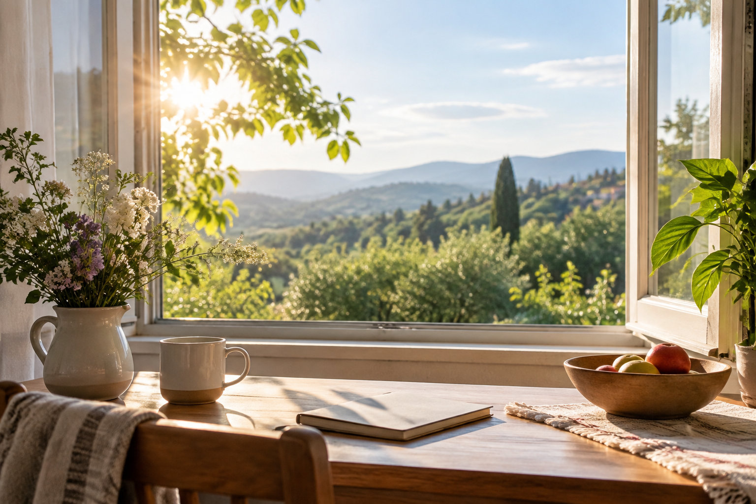 Une table près d’une fenêtre ouverte accueille une tasse, un bouquet de fleurs, un livre fermé et un bol de fruits, avec un paysage verdoyant et des collines en arrière-plan.