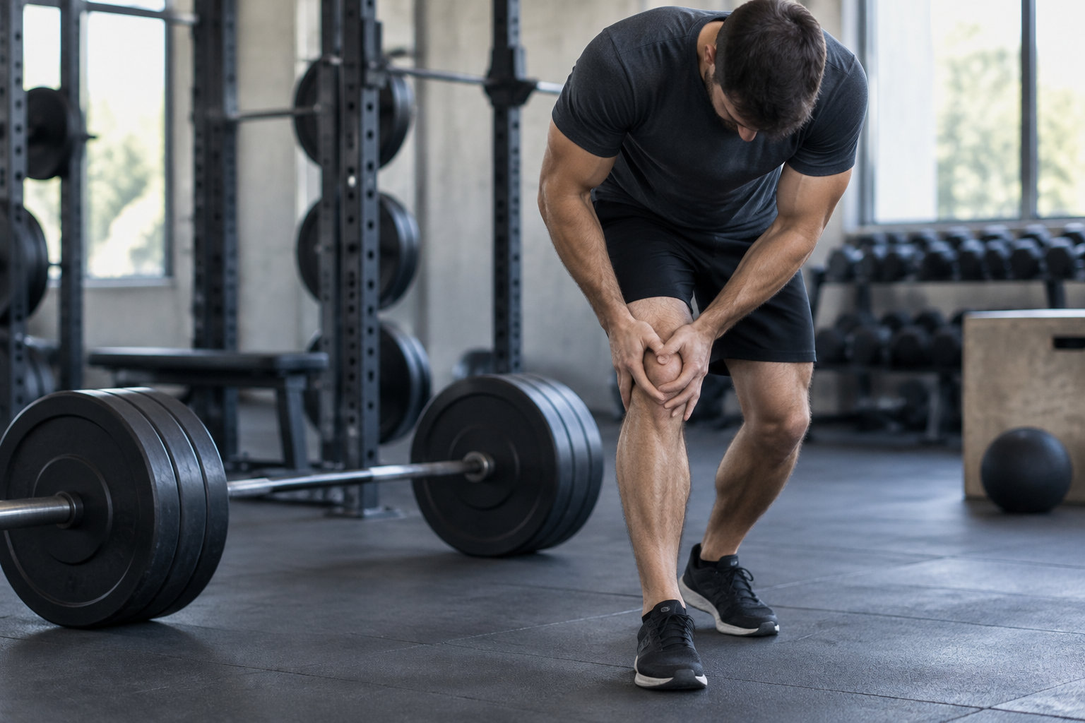 Un homme en tenue de sport se penche en se tenant le genou dans une salle de musculation, près d’une barre chargée de poids.