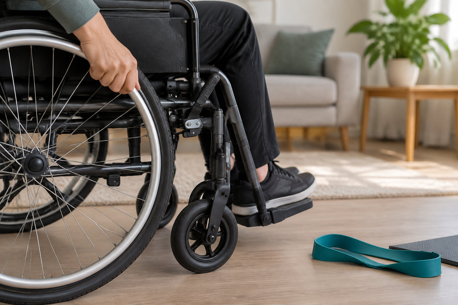 Une personne assise dans un fauteuil roulant tient la main sur la roue, près d’une bande élastique posée au sol dans un salon.
