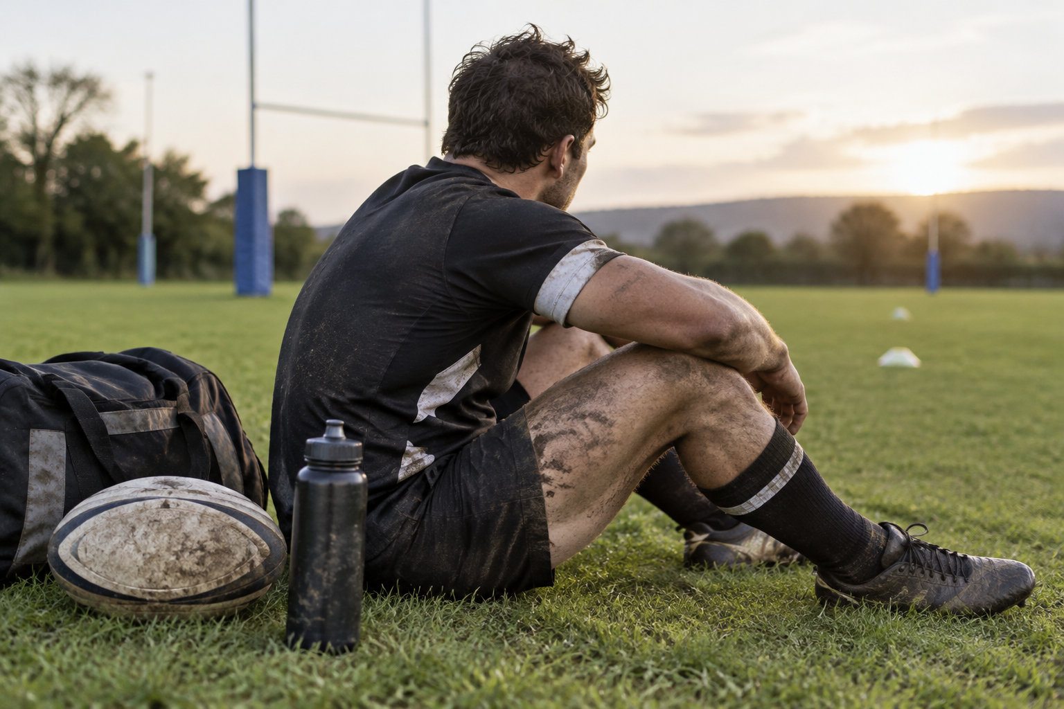 Un joueur de rugby couvert de boue est assis sur un terrain au coucher du soleil, près d’un sac de sport, d’un ballon et d’une gourde.