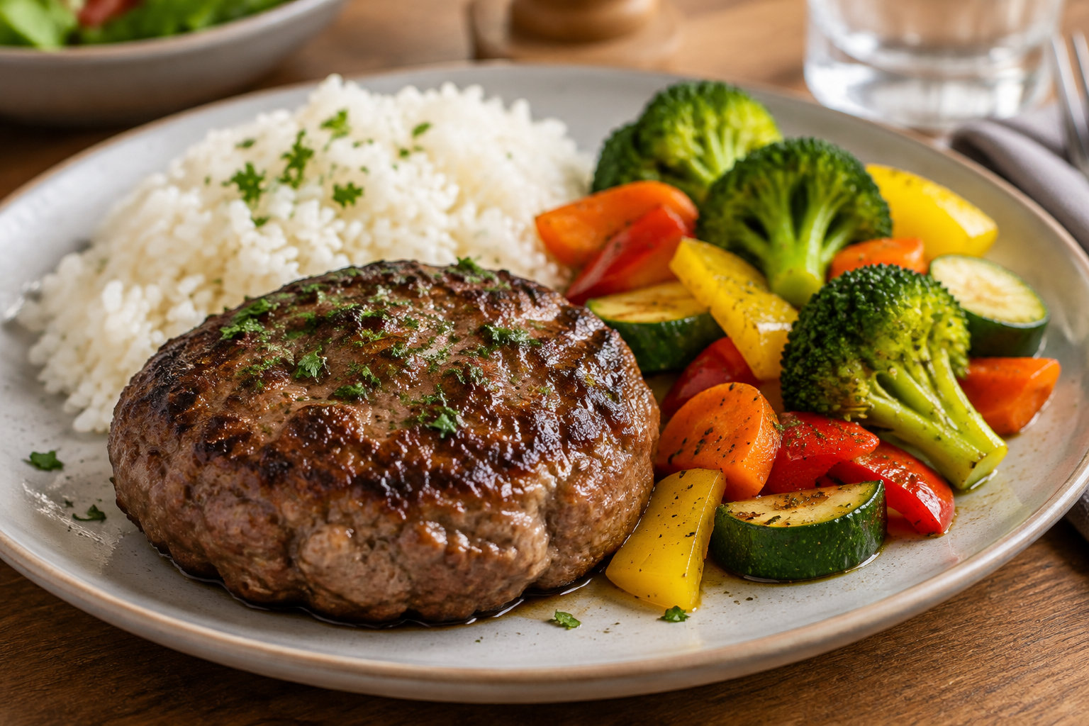 Une assiette garnie d’un steak grillé, de riz blanc et de légumes cuits colorés est posée sur une table en bois.