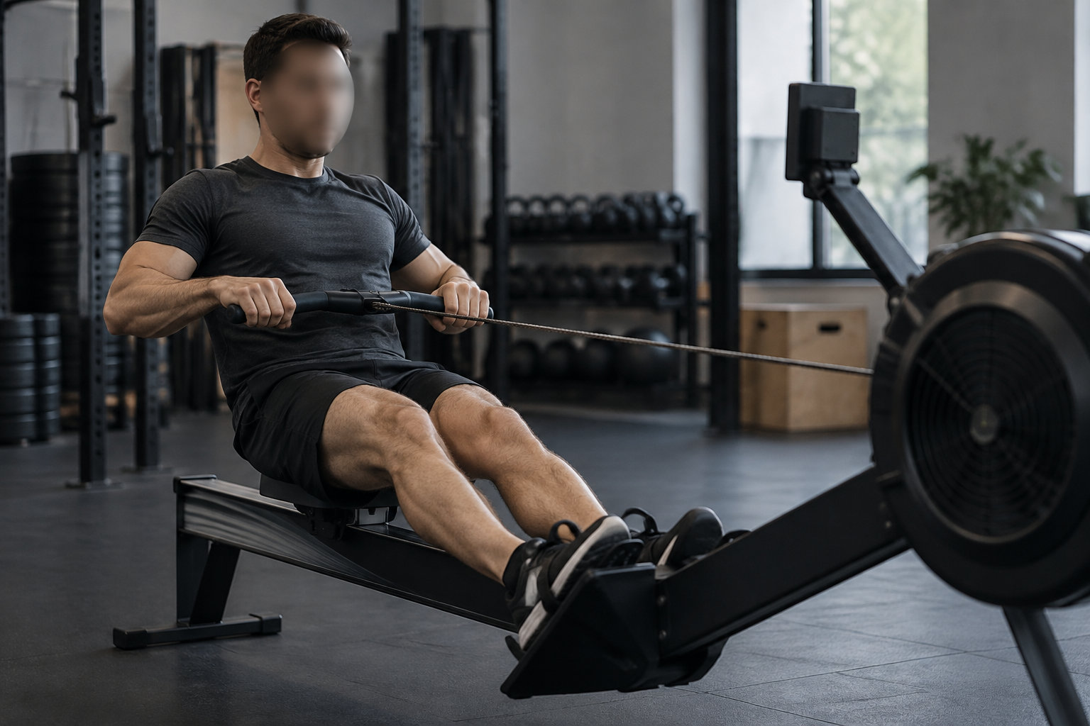 Un homme assis sur un rameur tire la poignée vers son torse dans une salle de sport.