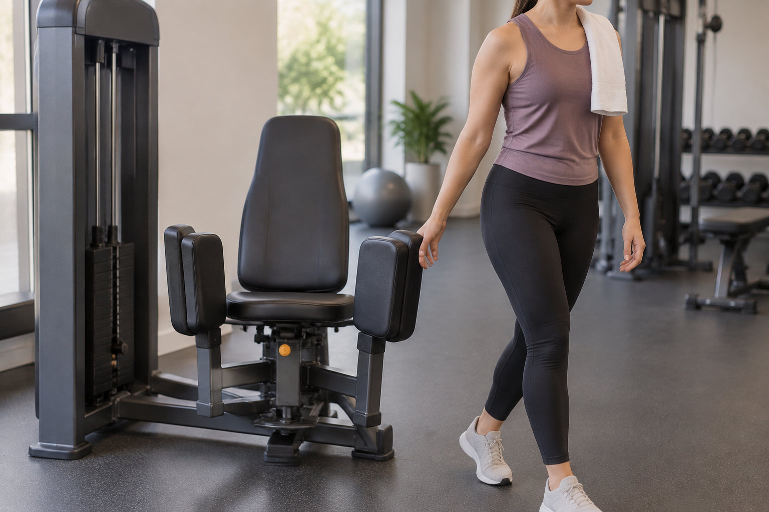 Une femme en tenue de sport se tient près d’une machine de musculation dans une salle de sport.