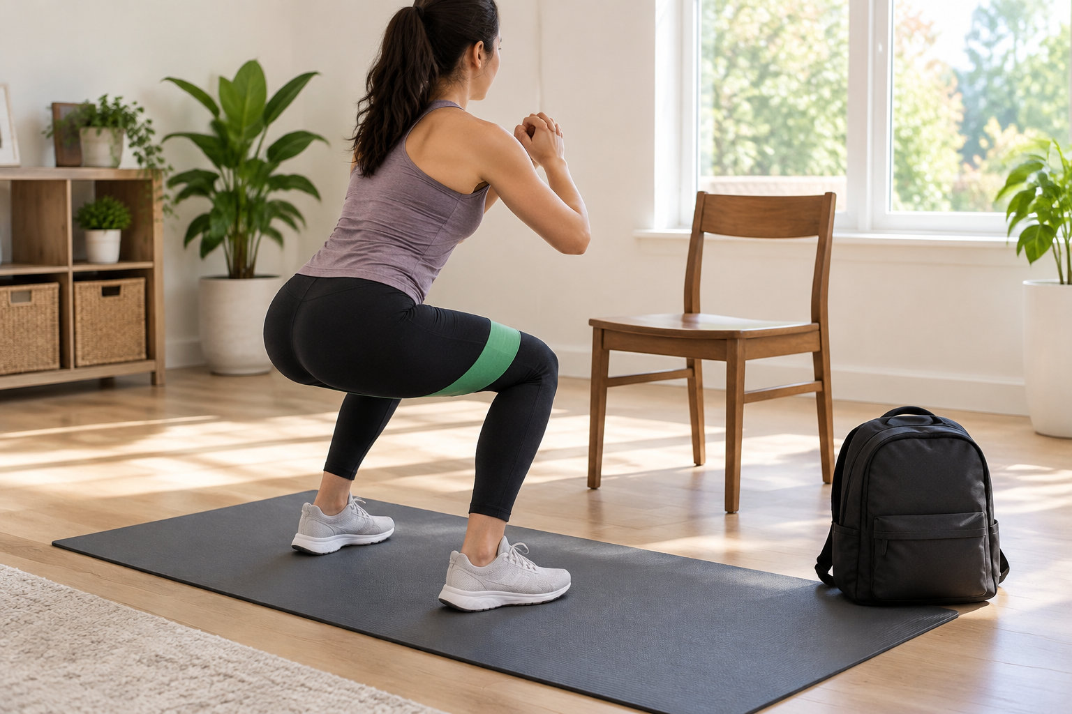 Une femme en tenue de sport fait un squat avec un élastique autour des cuisses, sur un tapis posé dans un salon lumineux.
