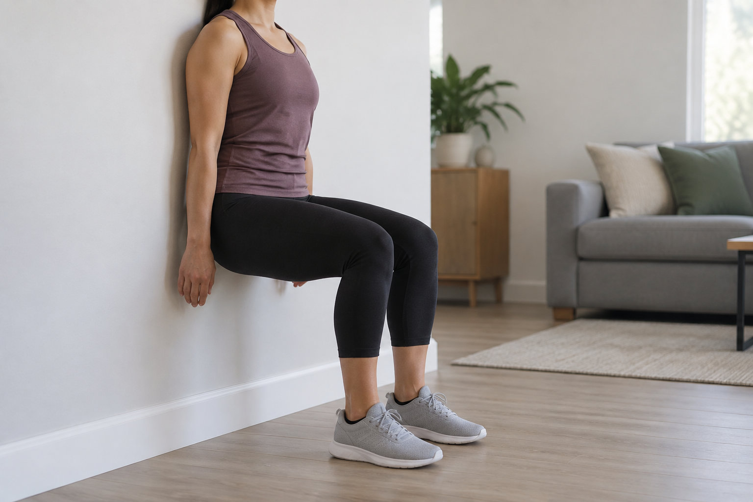 Une personne en tenue de sport maintient une position assise contre un mur, les genoux pliés, dans un salon.