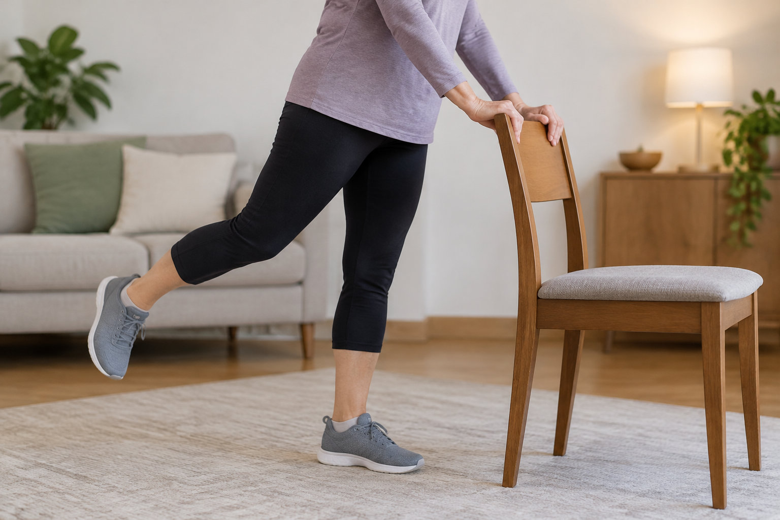 Une personne s’appuie sur une chaise pour faire un exercice d’équilibre en levant une jambe dans un salon.