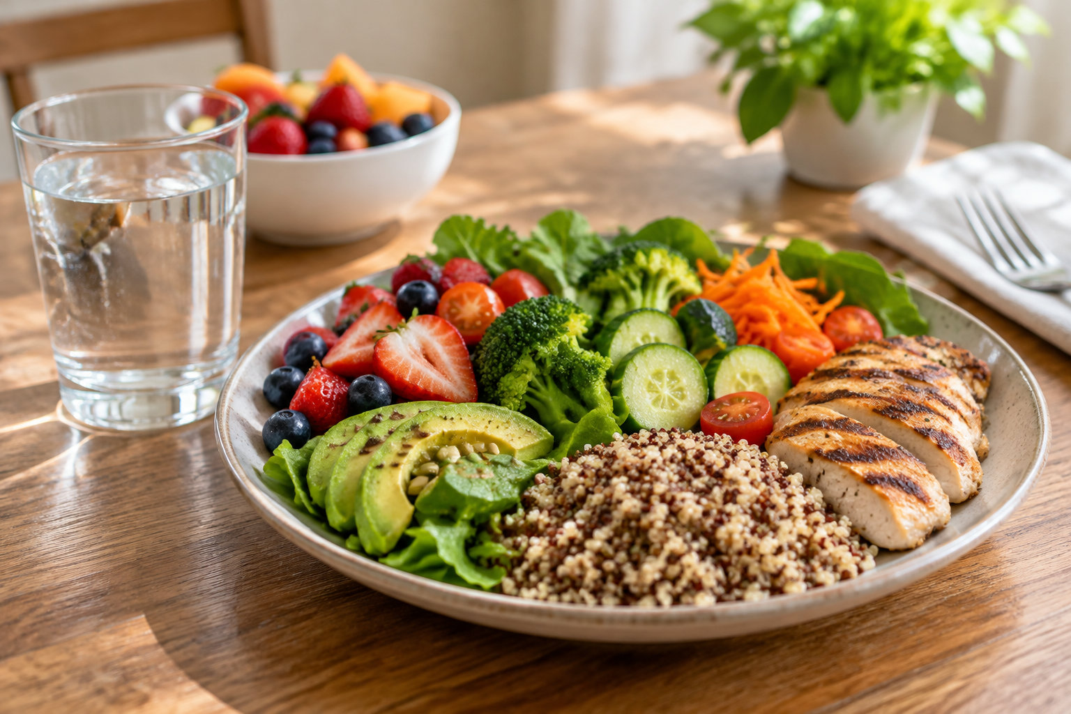 Un bol composé de quinoa, de poulet grillé, d’avocat, de légumes et de fruits rouges est posé sur une table en bois, avec un verre d’eau et un bol de fruits à l’arrière-plan.