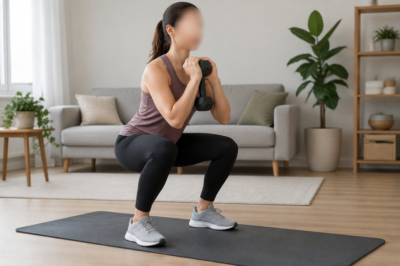 Une femme en tenue de sport effectue un squat en tenant un haltère contre sa poitrine, sur un tapis dans un salon.