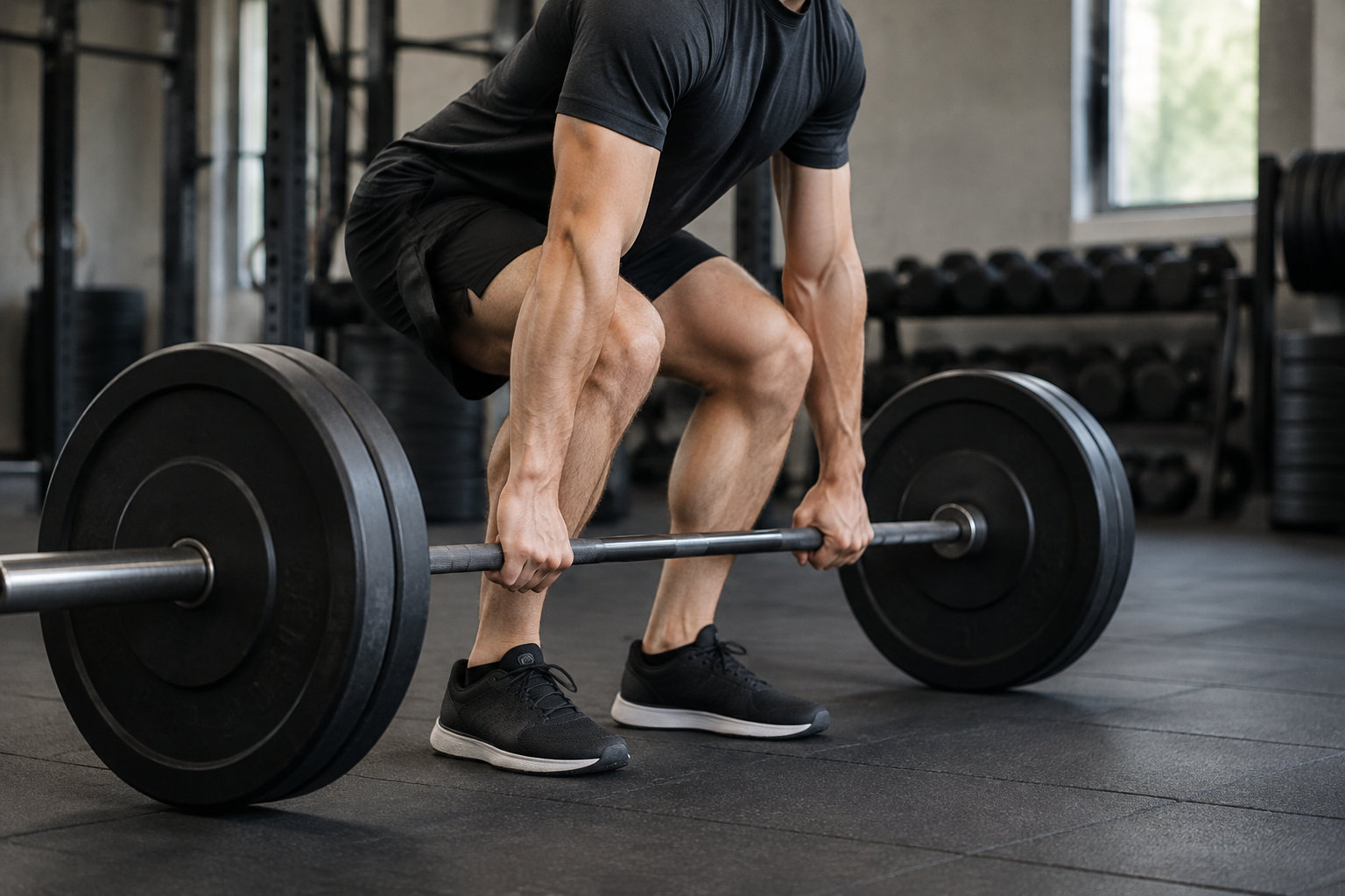 Un homme en tenue de sport saisit une barre chargée de poids dans une salle de musculation.