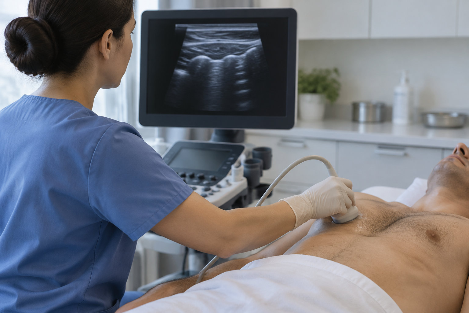 Une soignante en blouse bleue examine la poitrine d’un patient allongé à l’aide d’une sonde d’échographie reliée à un écran.