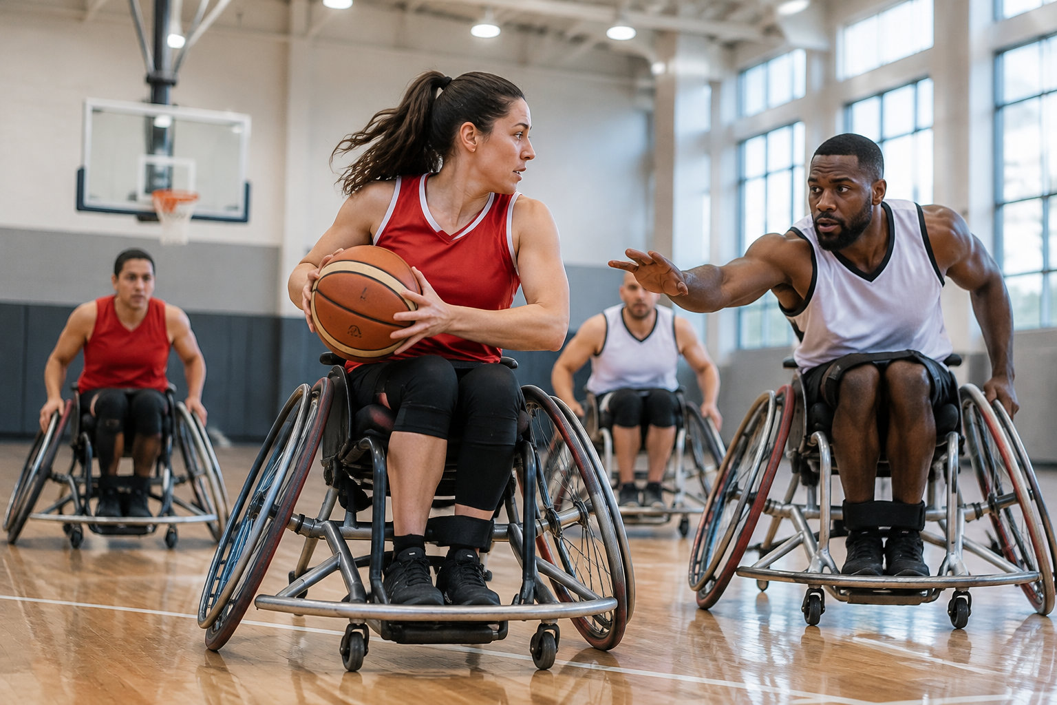 Des joueurs de basketball en fauteuil roulant disputent un match dans un gymnase, tandis qu’une joueuse en maillot rouge tient le ballon.