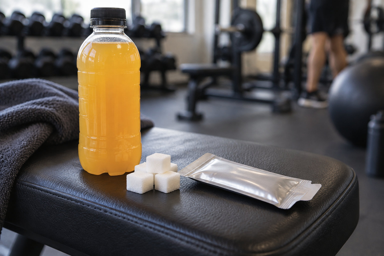 Une bouteille de boisson orange, quatre morceaux de sucre et un sachet argenté sont posés sur un banc dans une salle de sport.
