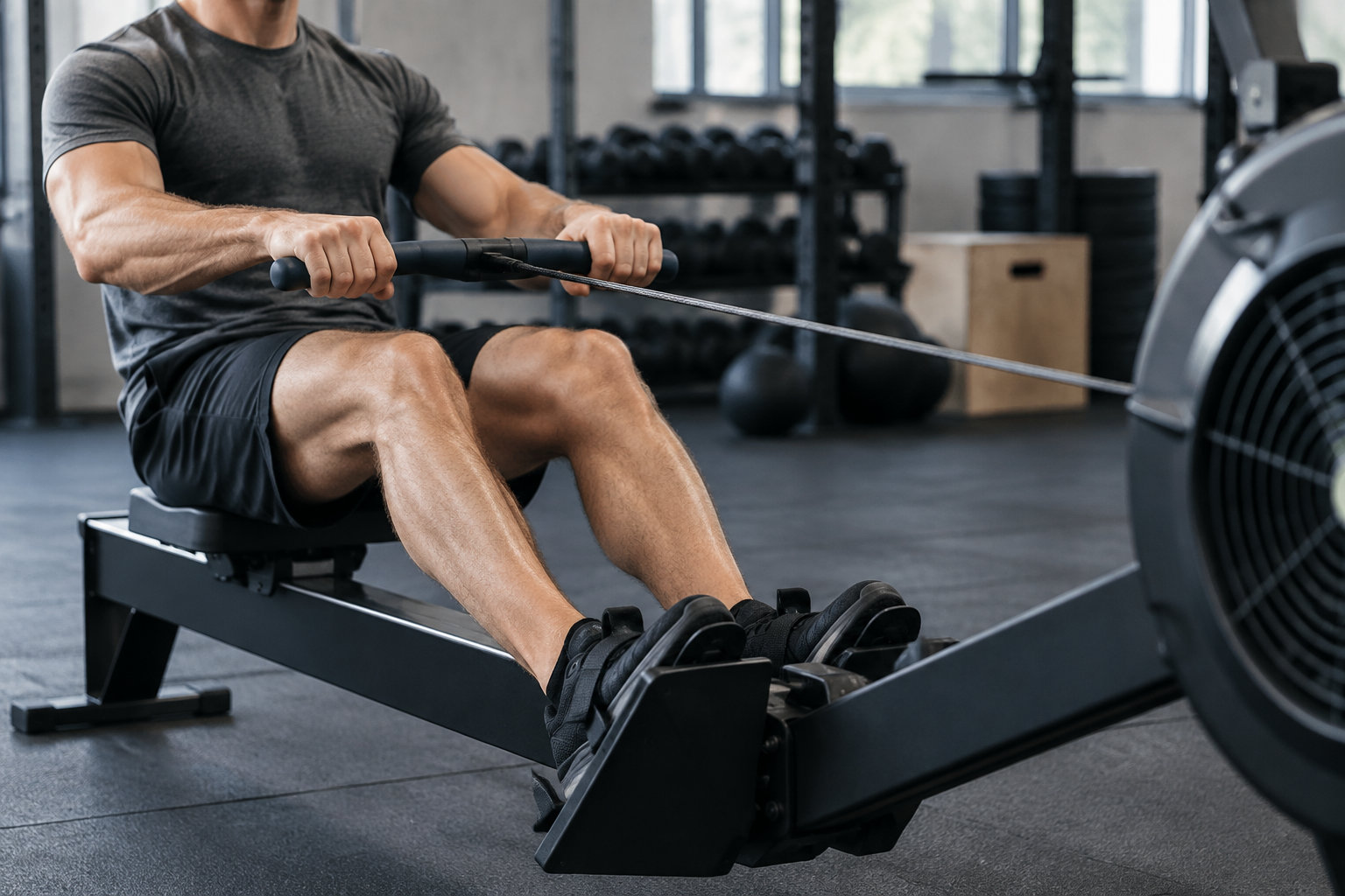 Un homme en tenue de sport tire la poignée d’un rameur dans une salle de sport.