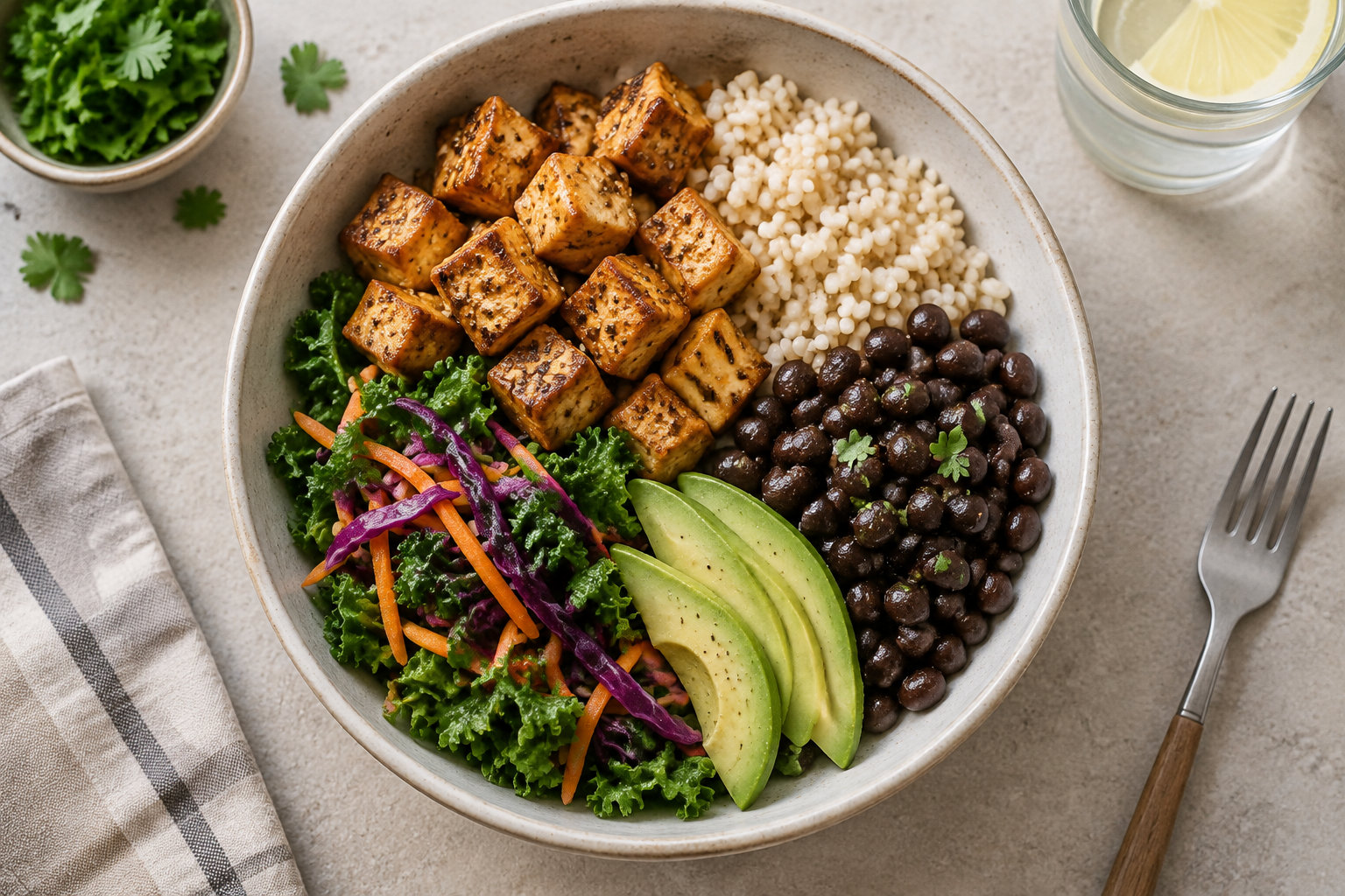 Un bol garni de tofu grillé, de céréales, de haricots noirs, de légumes verts et d’avocat est posé sur une table, avec un verre d’eau citronnée et une fourchette.