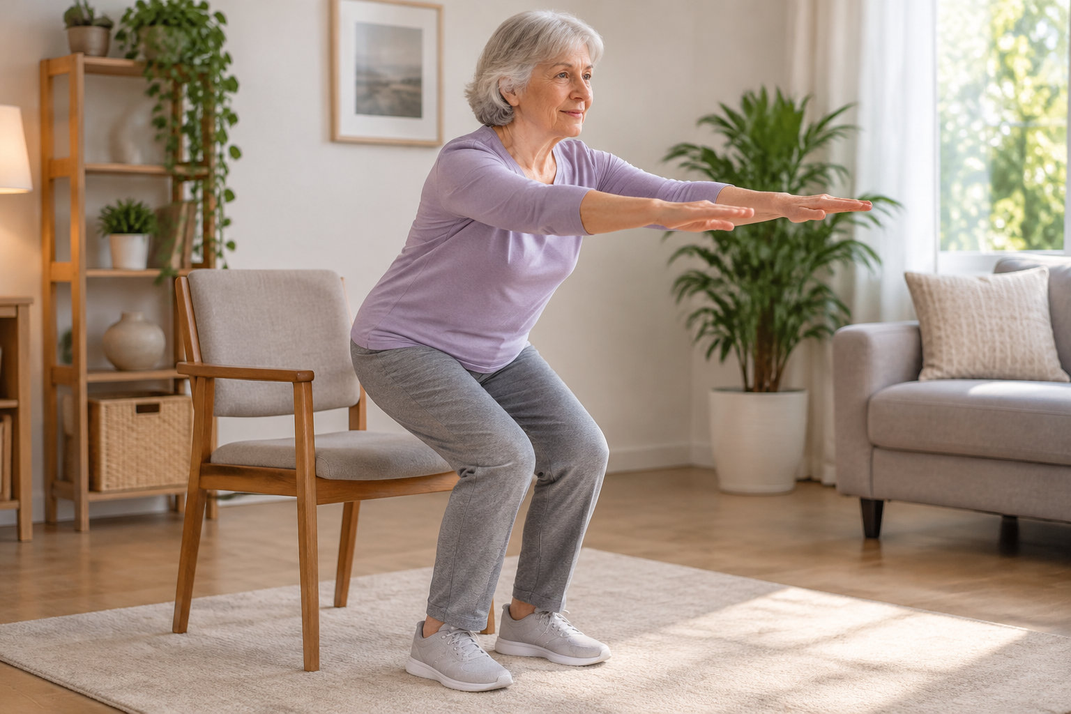 Une femme âgée fait un exercice de flexion des jambes devant une chaise, dans un salon lumineux.