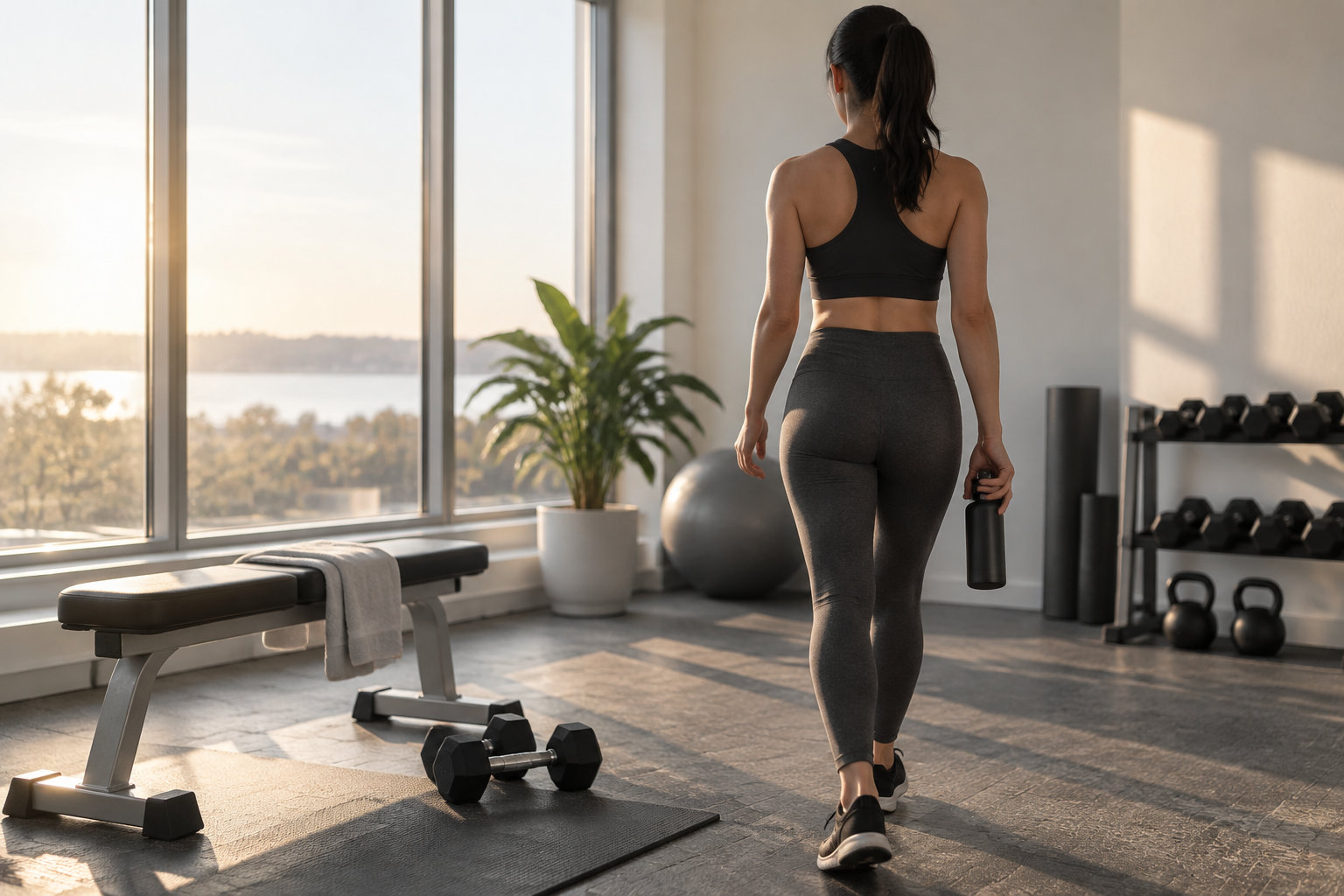 Une femme en tenue de sport tient une bouteille dans une salle de musculation lumineuse, près d’un banc, d’haltères et d’un support de poids.