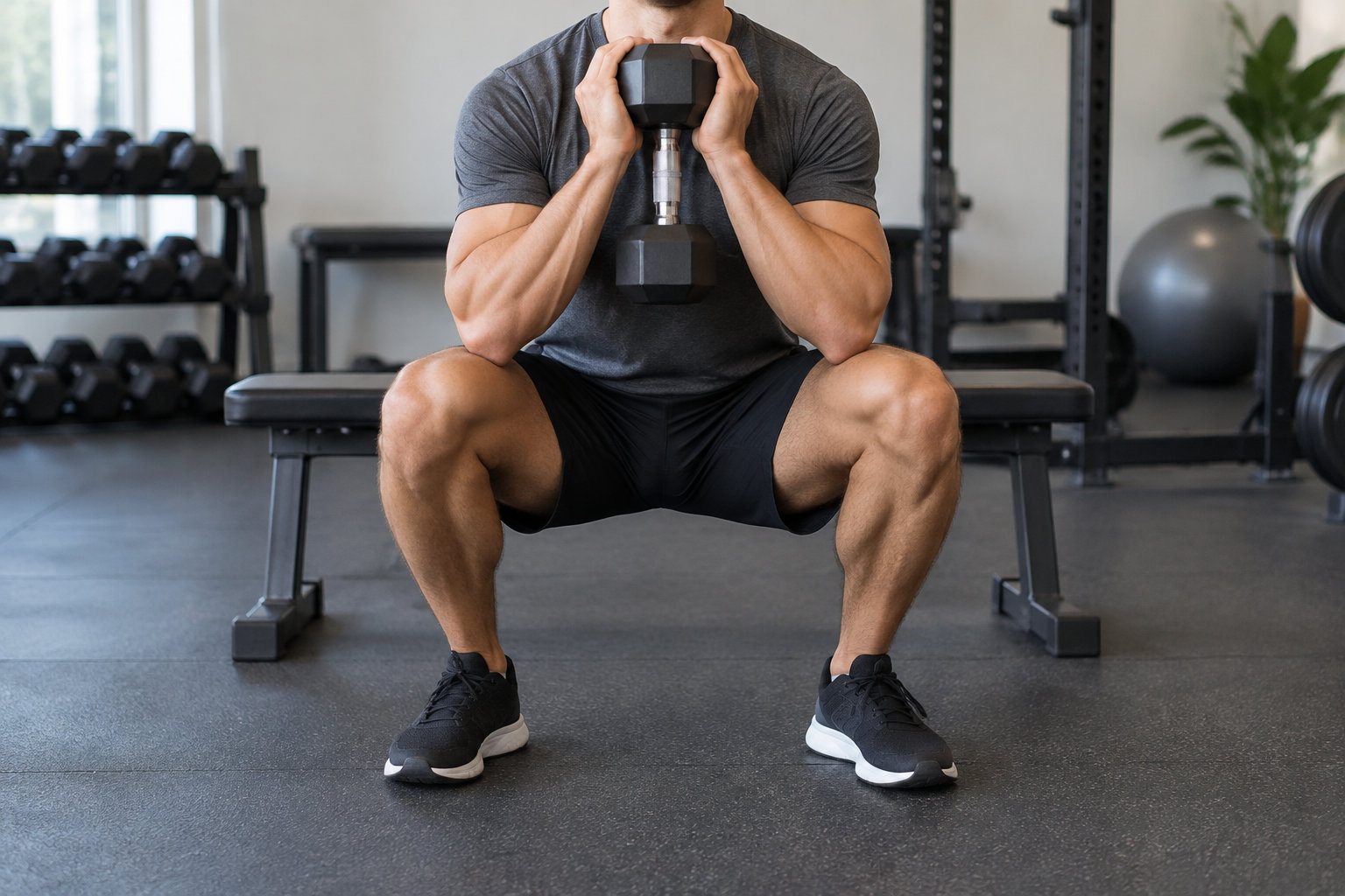 Un homme assis sur un banc de musculation tient un haltère à deux mains dans une salle de sport.