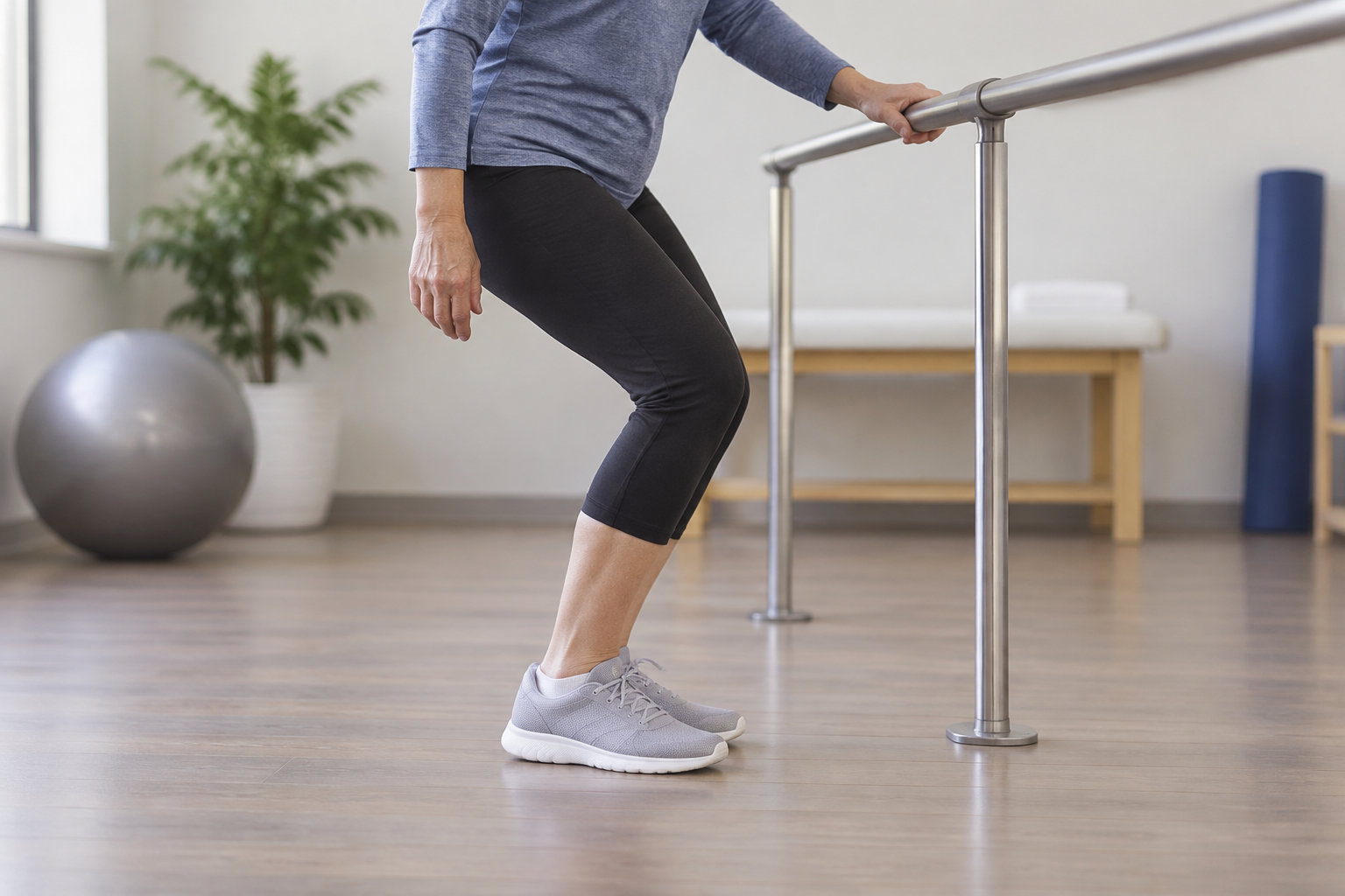 Une personne effectue un exercice de flexion des jambes en se tenant à une barre métallique, dans une salle équipée d’un ballon de gym, d’un tapis et d’une plante.