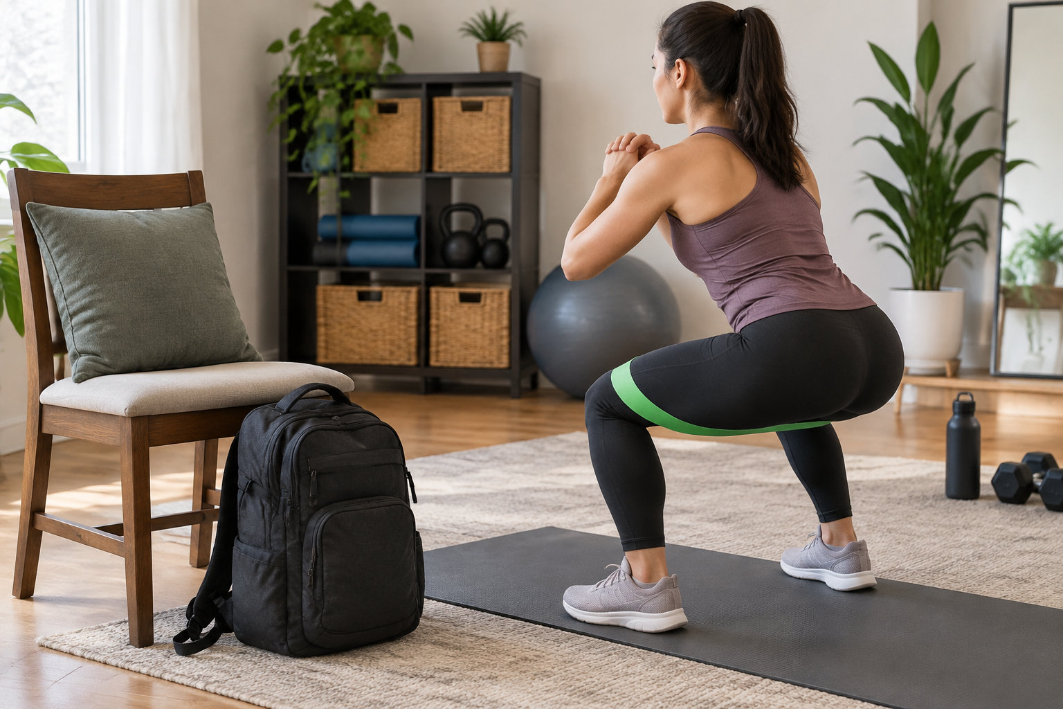 Une femme fait un squat avec un élastique autour des cuisses, sur un tapis de sport dans un salon équipé de matériel d’entraînement.