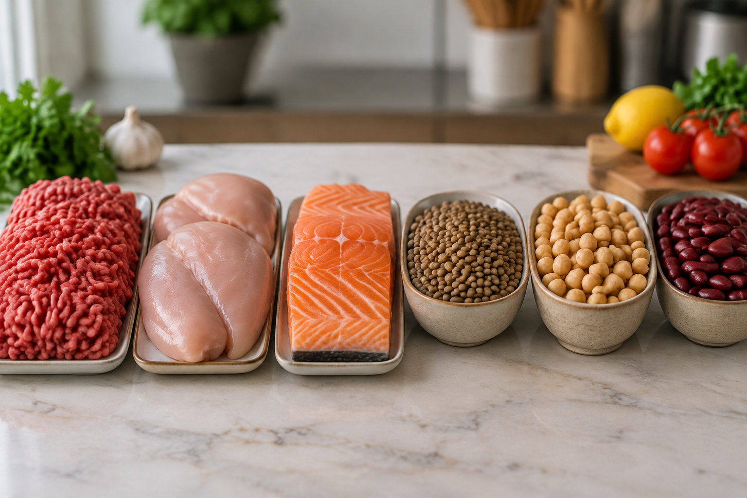 Des portions de viande hachée, des blancs de poulet, un filet de saumon, des lentilles, des pois chiches et des haricots rouges sont disposés sur un plan de travail.