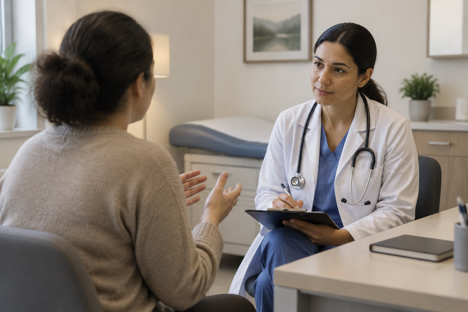 Une médecin en blouse blanche prend des notes sur un dossier tandis qu’une patiente lui parle dans un cabinet médical.
