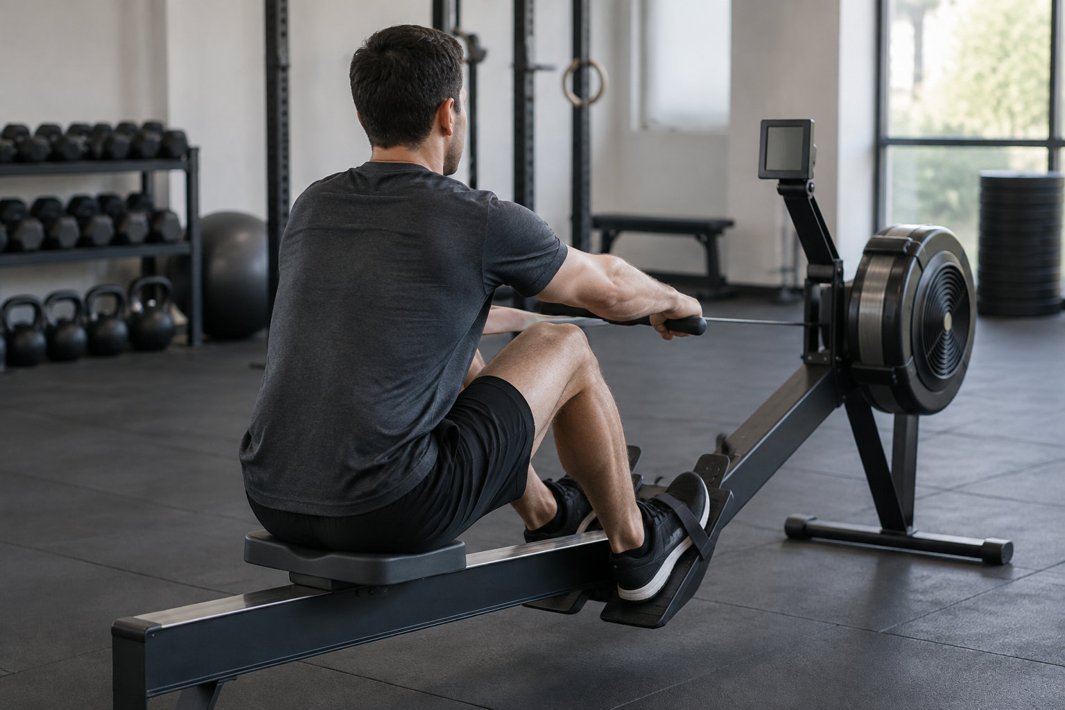 Un homme assis sur un rameur tire la poignée dans une salle de sport équipée d’haltères et de kettlebells.