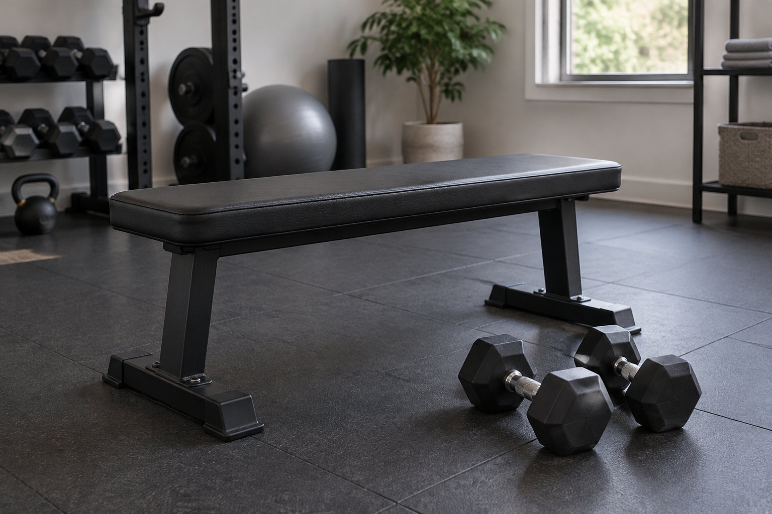 Un banc de musculation et des haltères sont posés au sol dans une salle de sport lumineuse.