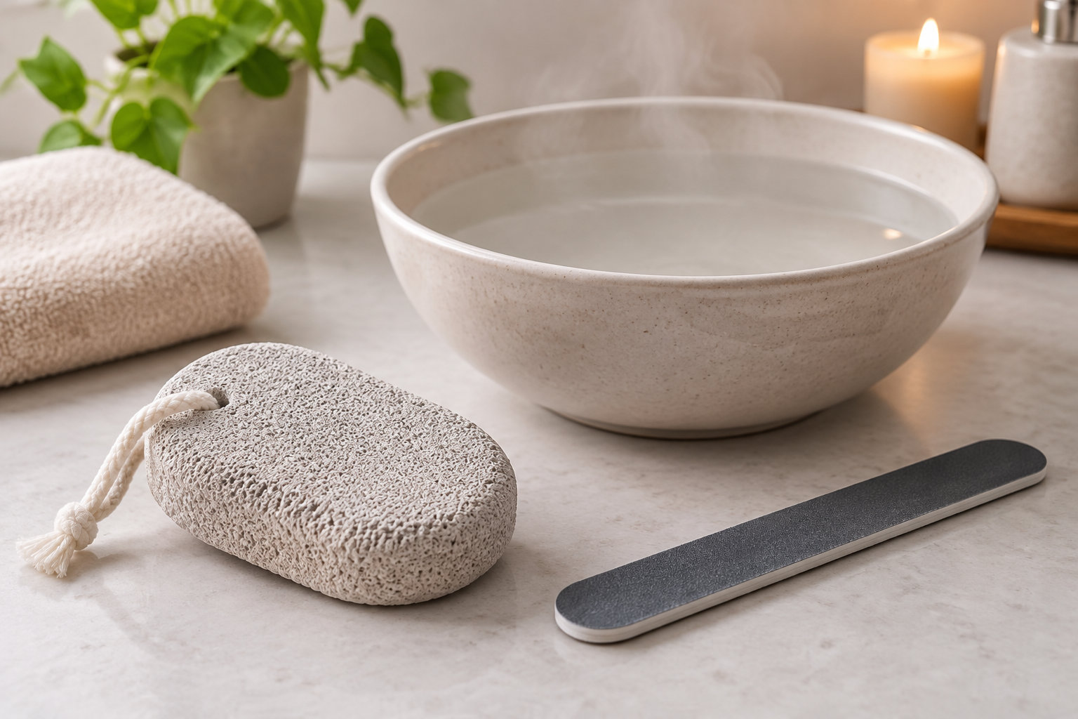 Une bassine d’eau, une pierre ponce et une lime à pieds sont disposées sur une surface claire, avec une serviette, une plante et une bougie allumée en arrière-plan.