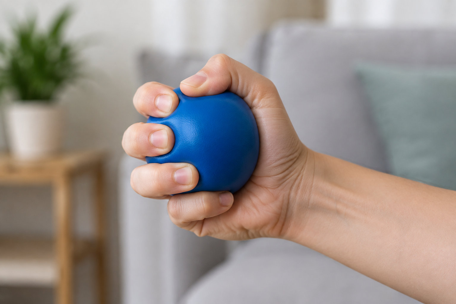 Une main serre une balle bleue dans un intérieur flou.