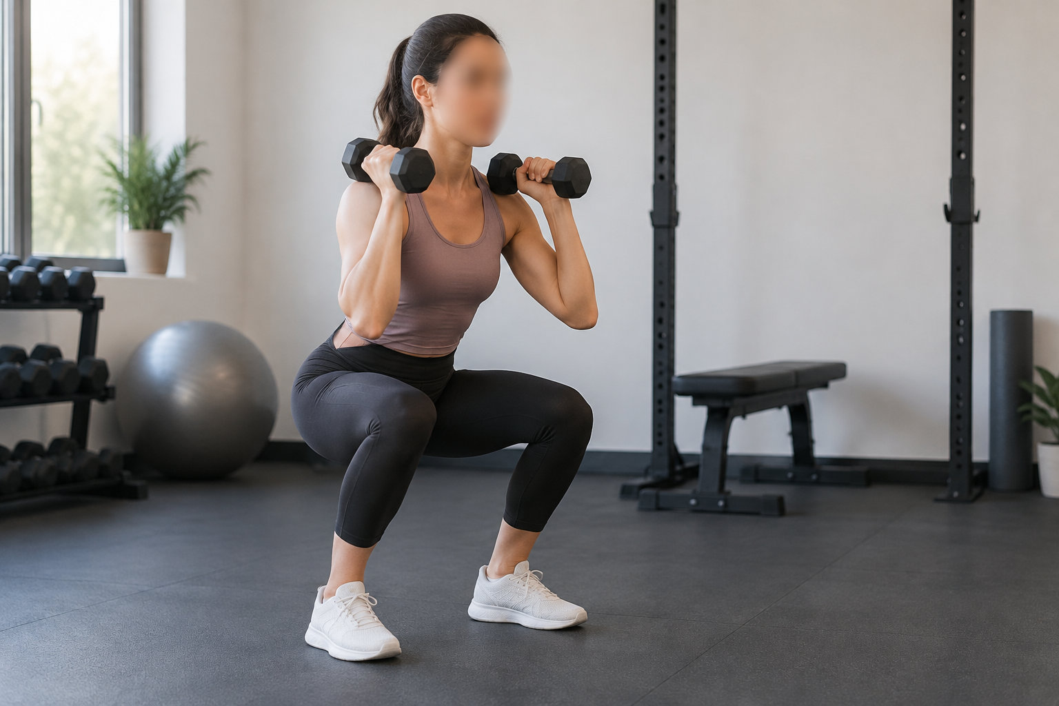 Une femme en tenue de sport fait un squat avec un haltère dans chaque main, dans une salle de sport.