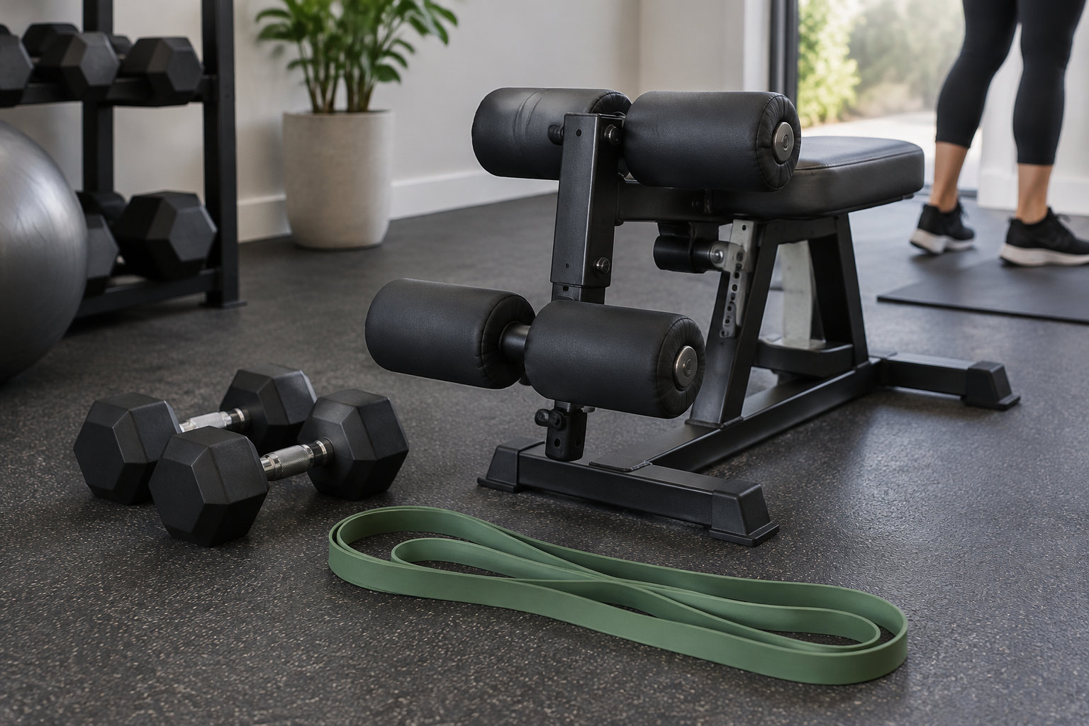 Un banc de musculation, des haltères et une bande élastique sont disposés dans une salle de sport, tandis qu’une personne se tient sur un tapis à l’arrière-plan.