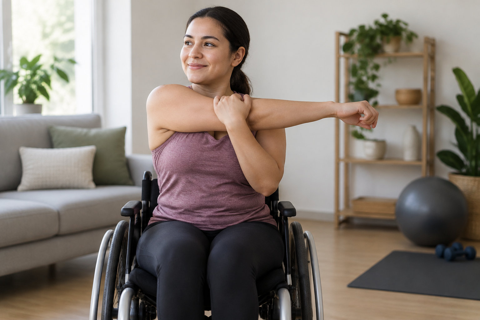 Une femme assise dans un fauteuil roulant étire un bras en le ramenant vers sa poitrine, dans un salon aménagé avec du matériel de sport.