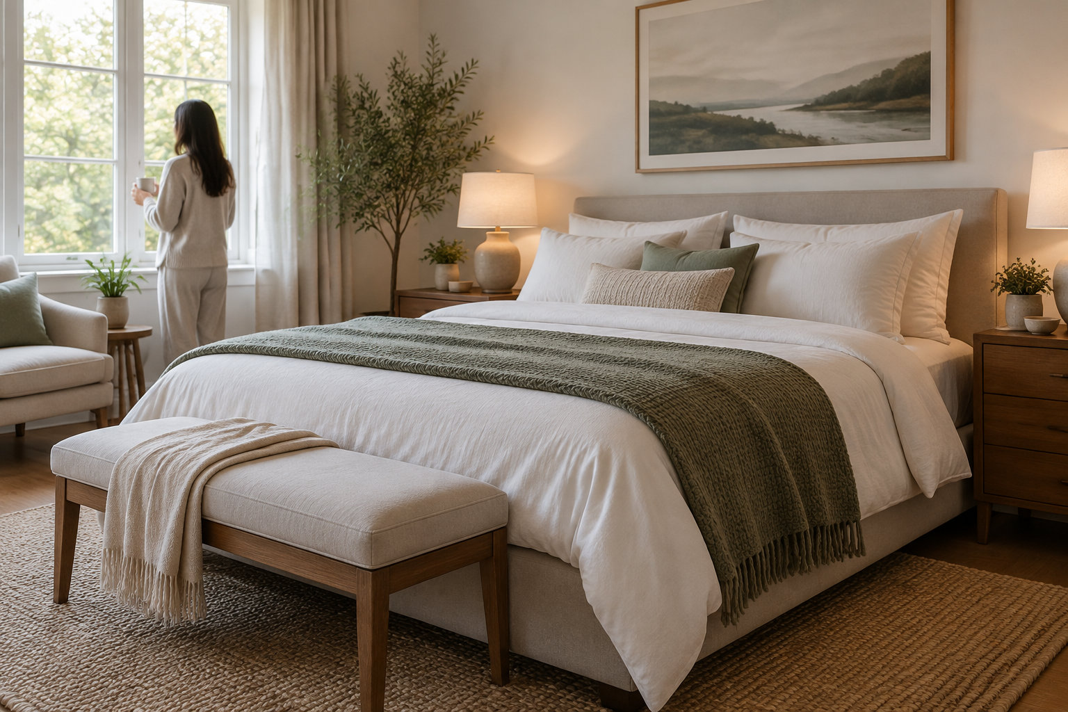 Une personne tient une tasse près d’une fenêtre dans une chambre lumineuse avec un grand lit, un banc, des fauteuils et des plantes.